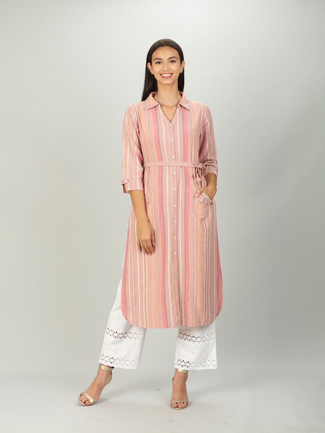 

Mustard Women Pink & White Striped Kurta