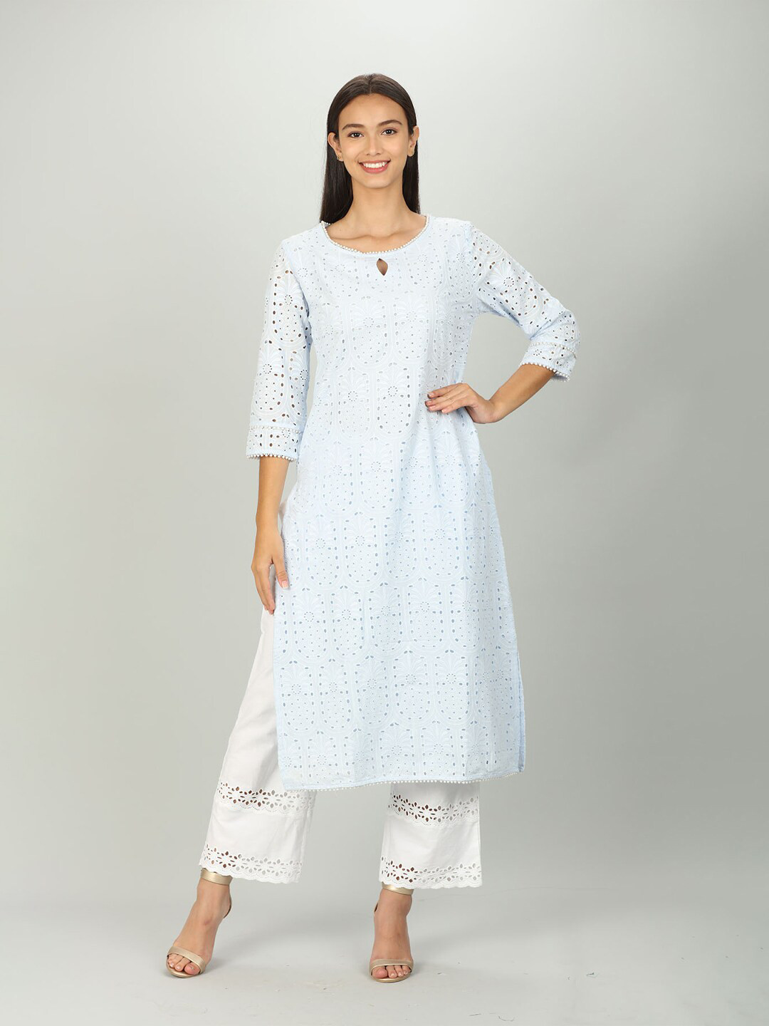 

Mustard Women Blue Geometric Embroidered Keyhole Neck Kurta