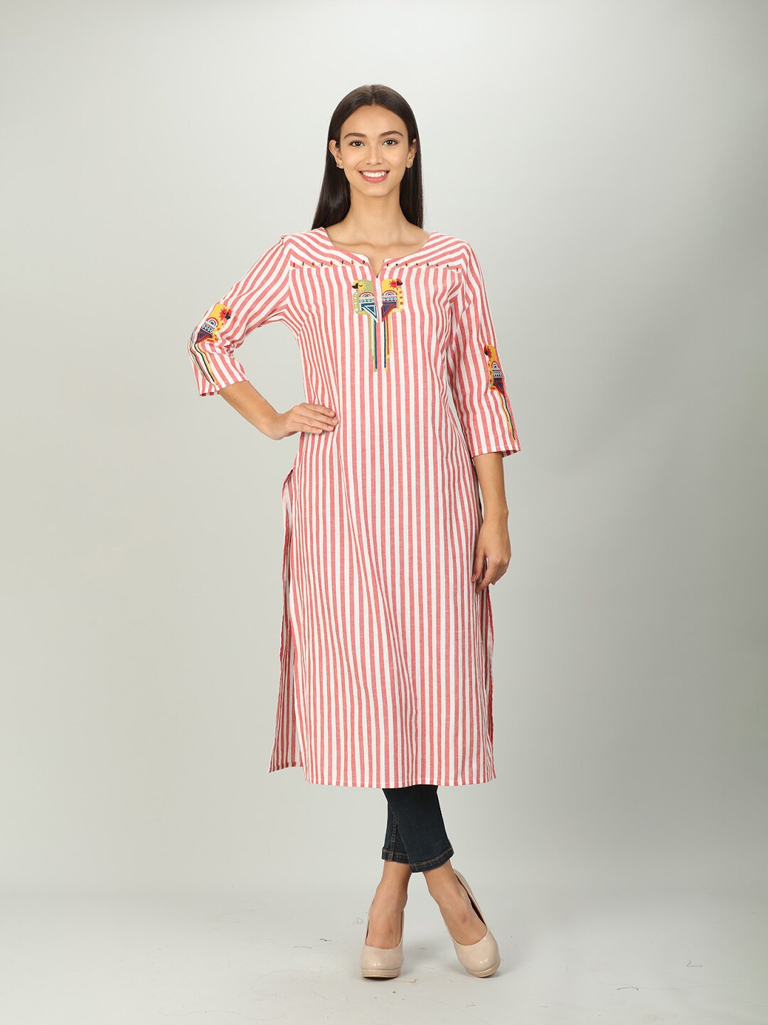 

Mustard Women Red & White Striped Thread Work Kurta
