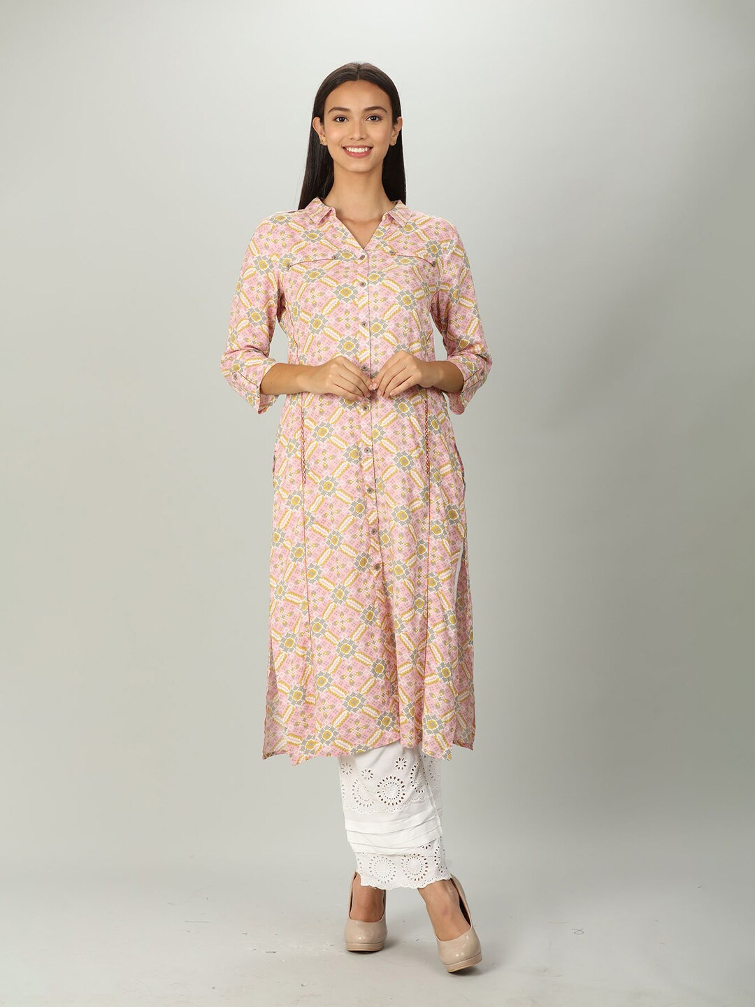 

Mustard Women Pink Ethnic Motifs Printed Kurta