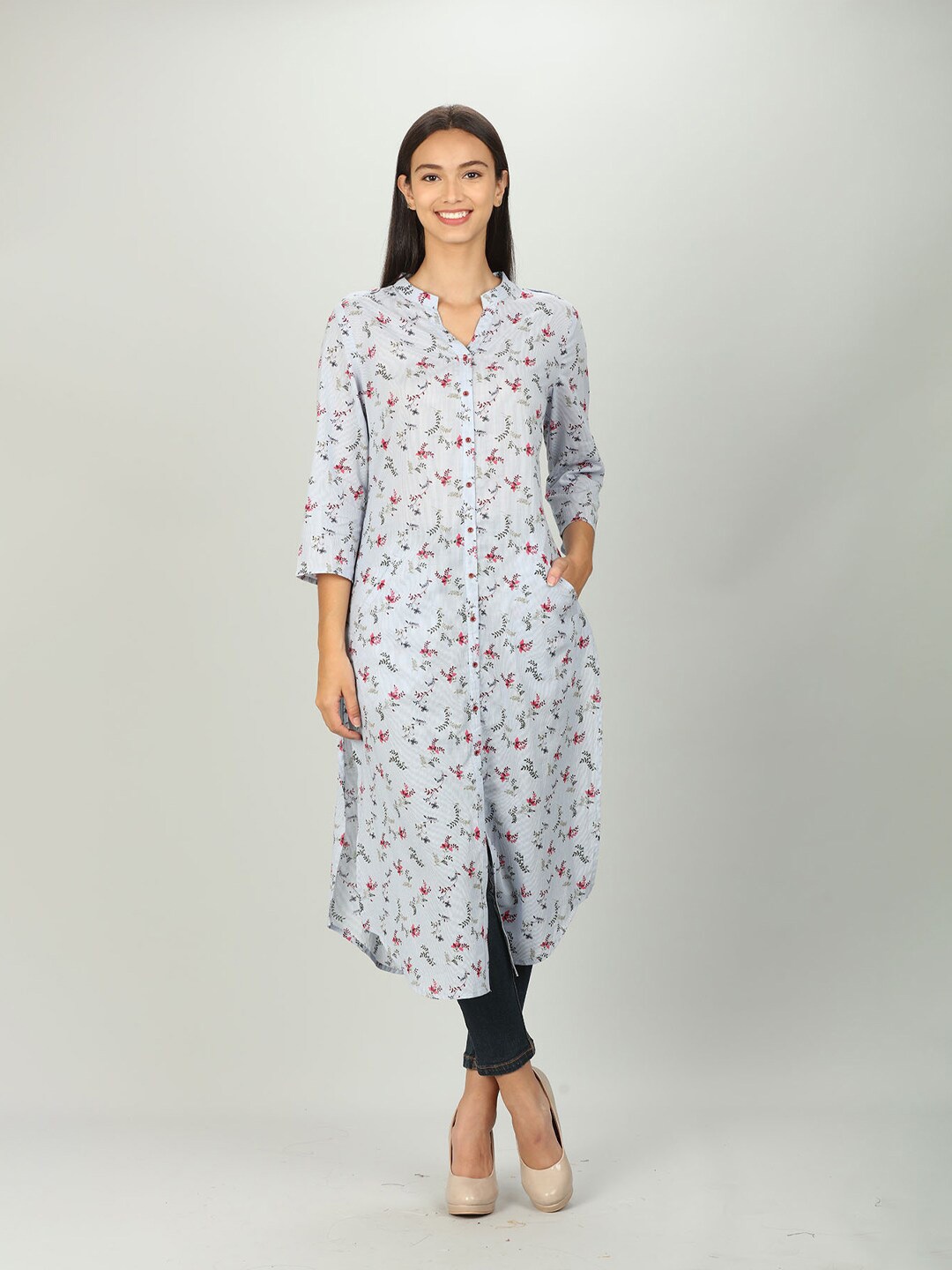 

Mustard Women Blue & Pink Floral Printed Kurta