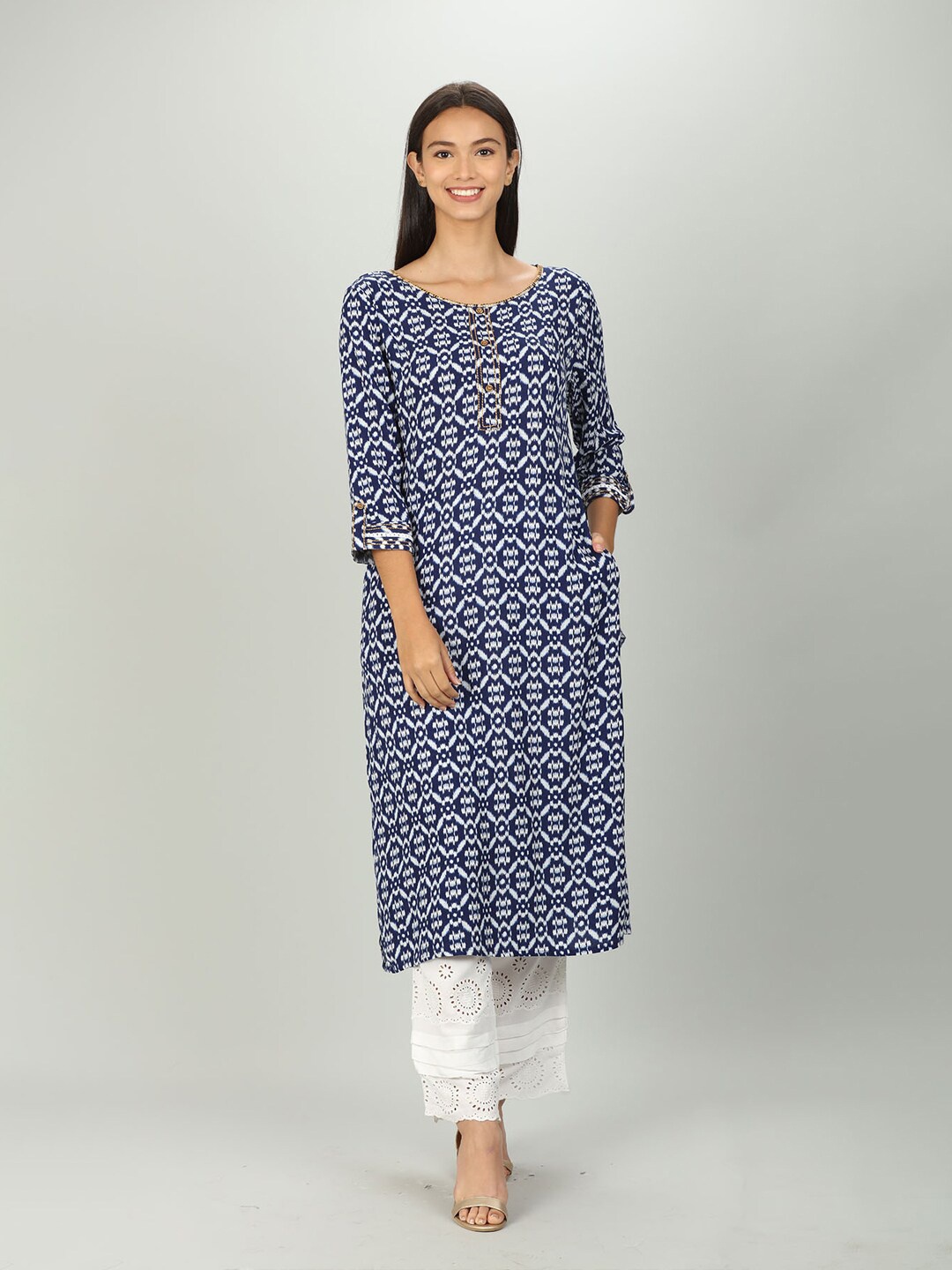 

Mustard Women Blue Ethnic Motifs Printed Kurta