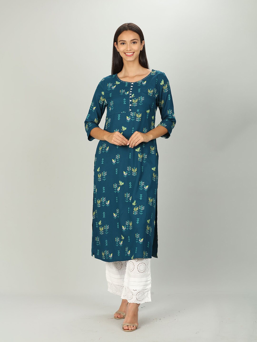 

Mustard Women Blue & Green Geometric Printed Kurta