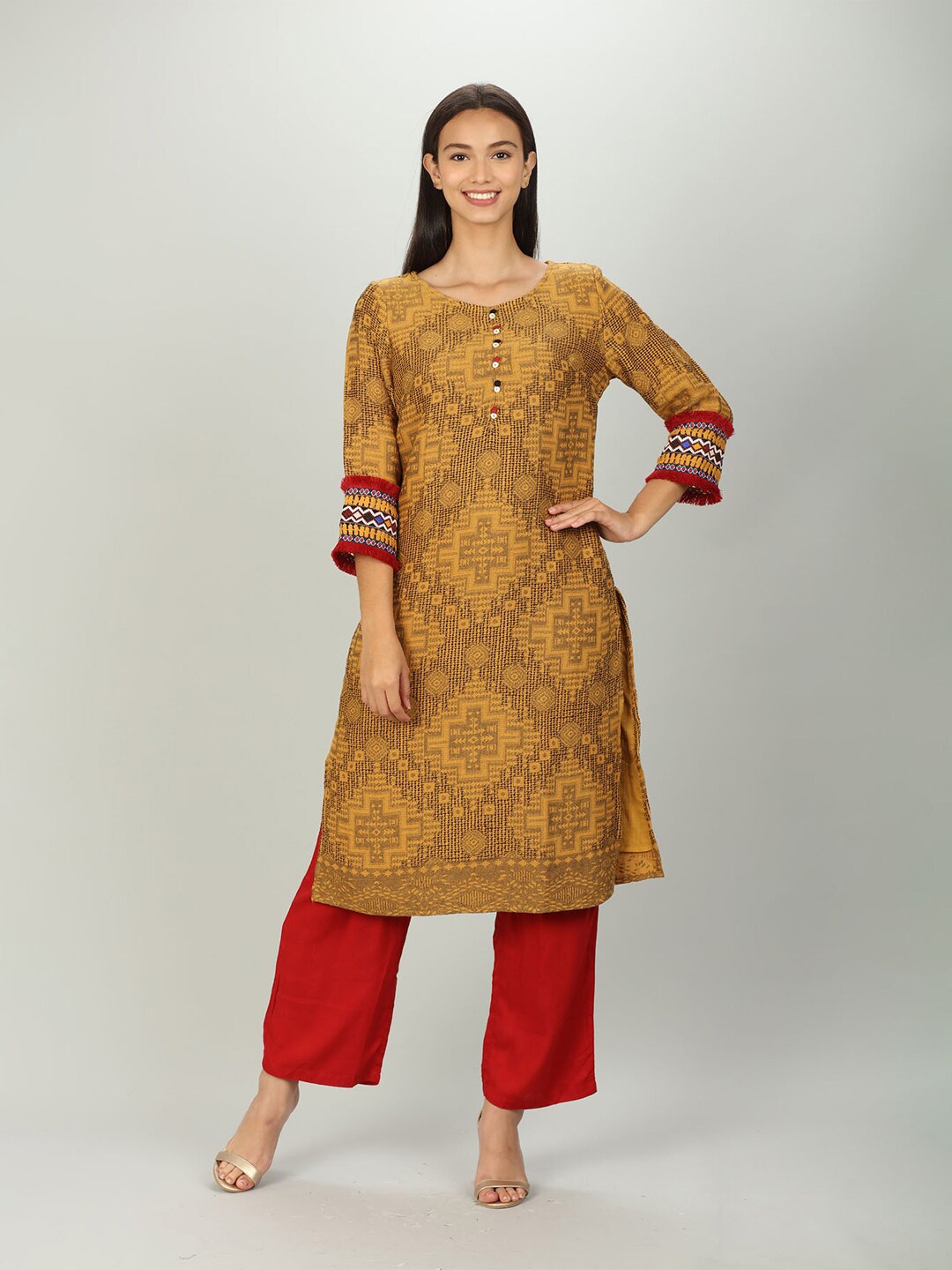 

Mustard Women Yellow Geometric Printed Kurta