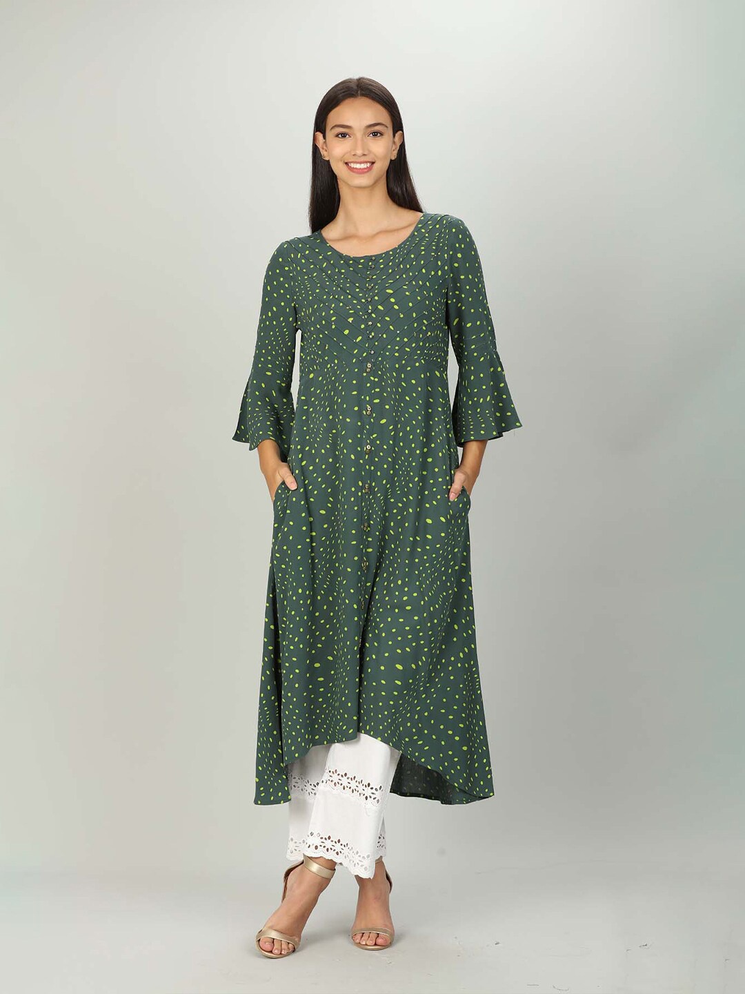 

Mustard Women Green Geometric Printed Bell Sleeves A-Line Kurta