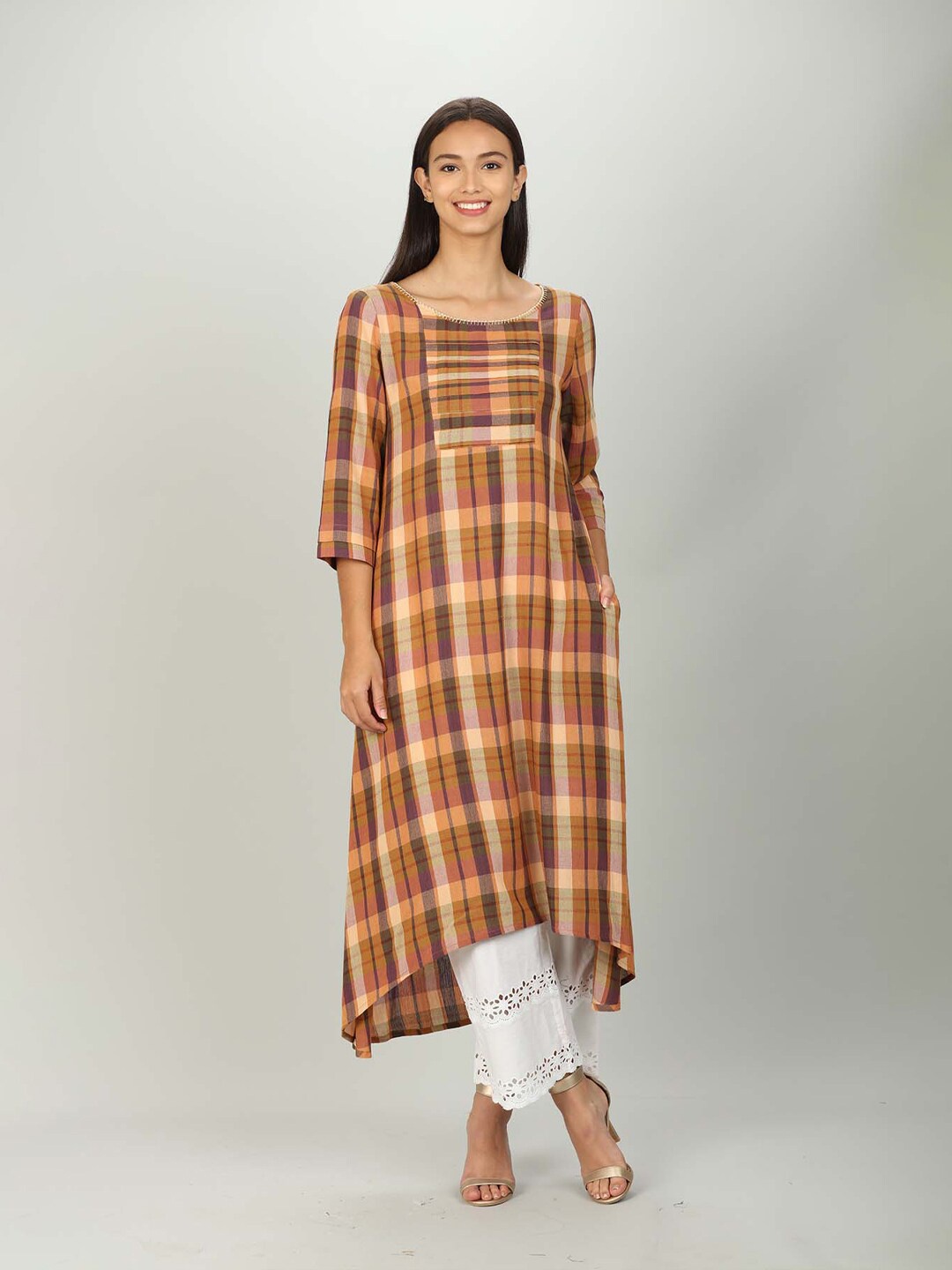 

Mustard Women Brown Checked Kurta