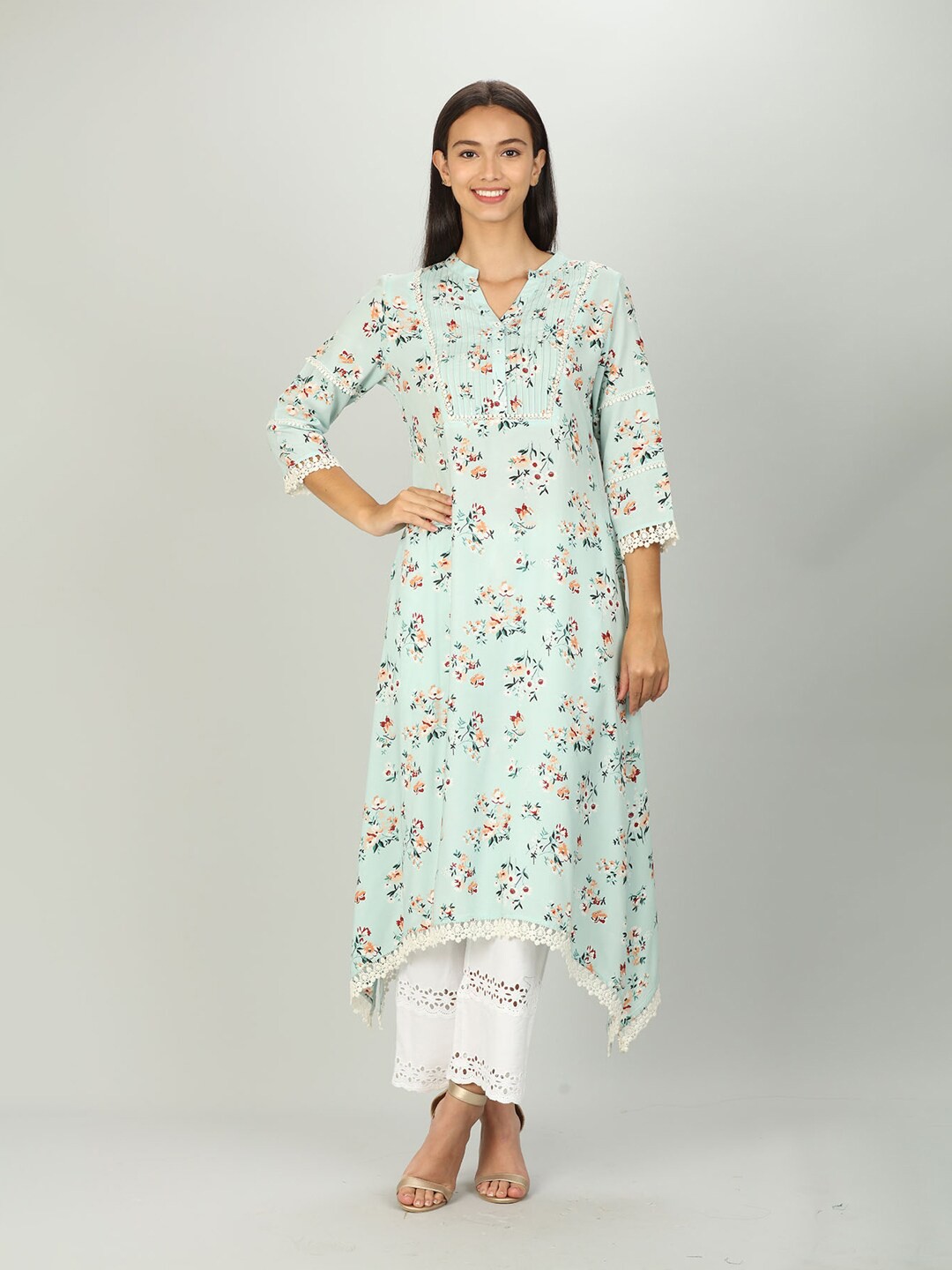 

Mustard Women Blue & Orange Floral Printed A-Line Kurta