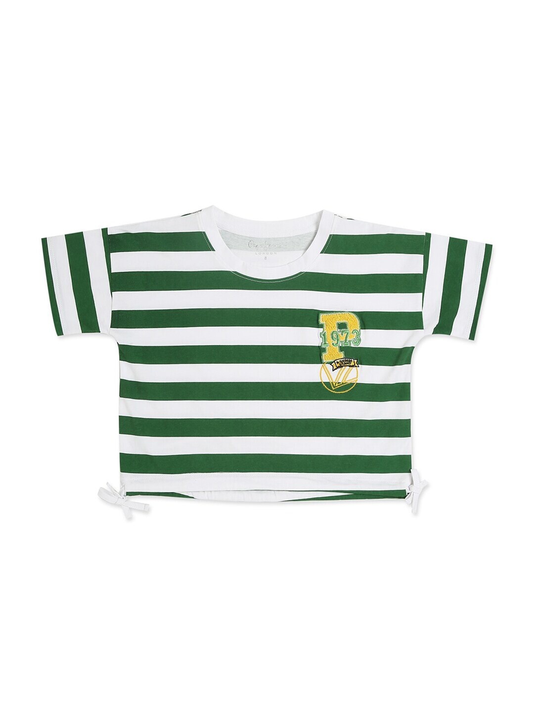 Pepe Jeans Girls Green & White Brand Logo Striped Applique T-shirt