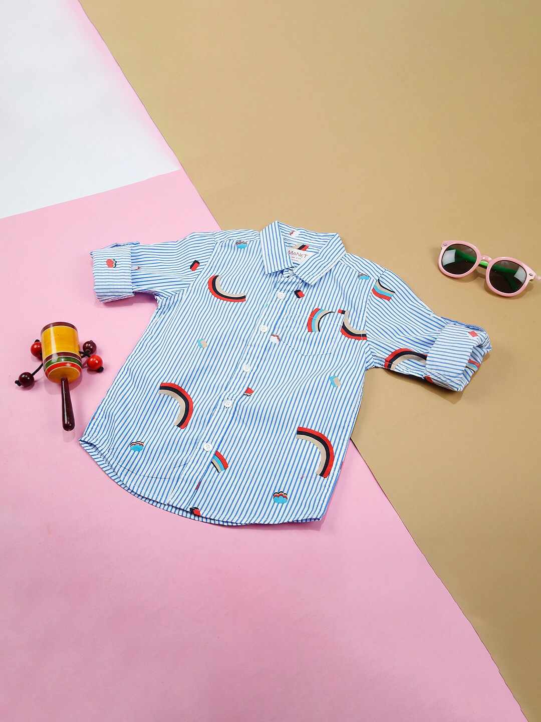 

MANET Kids Boys Blue & White Classic Rainbow Printed Striped Casual Shirt