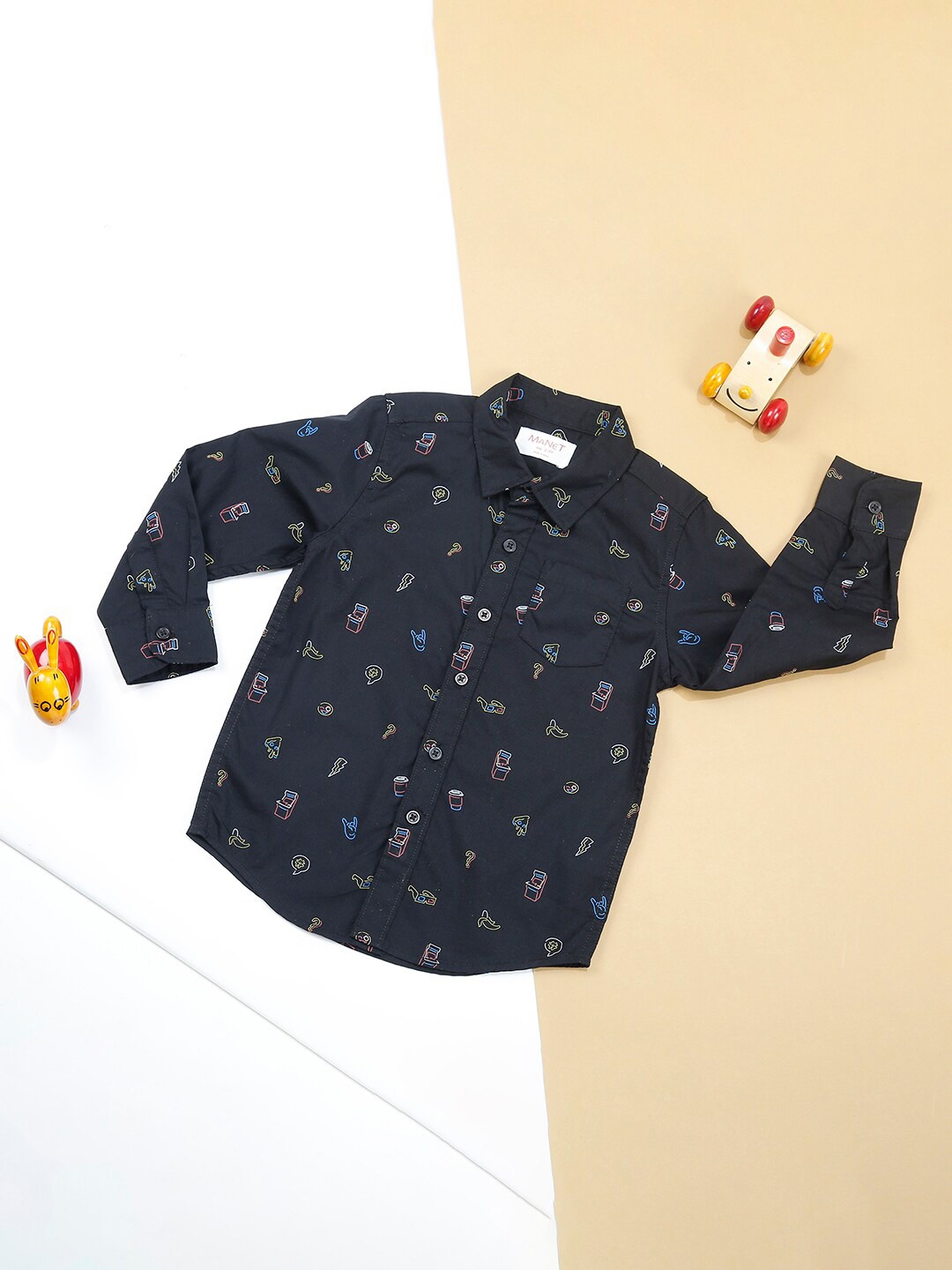 

MANET Boys Black Classic Printed Casual Shirt