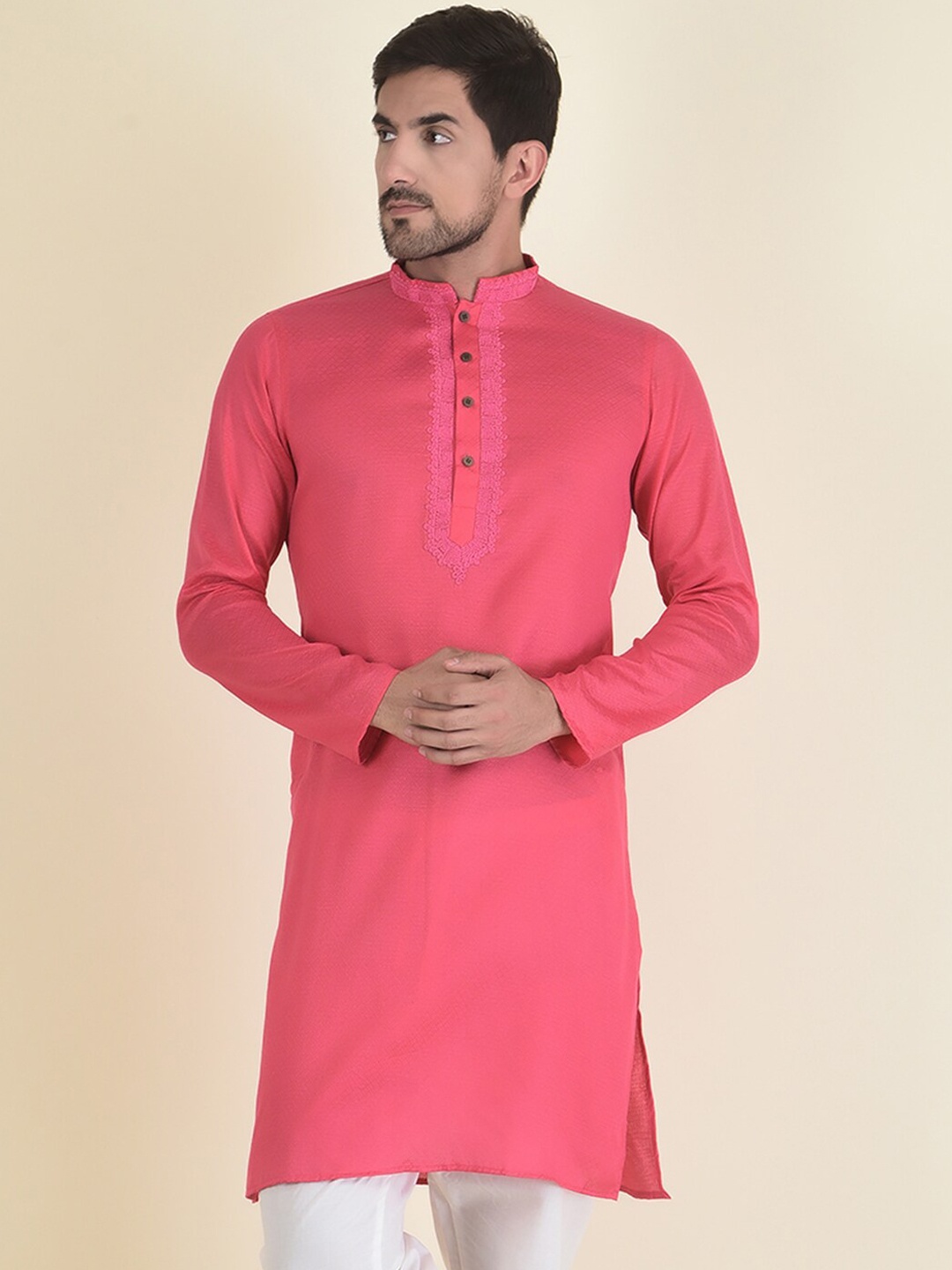 

DEYANN Men Pink Thread Work Kurta with Pyjamas