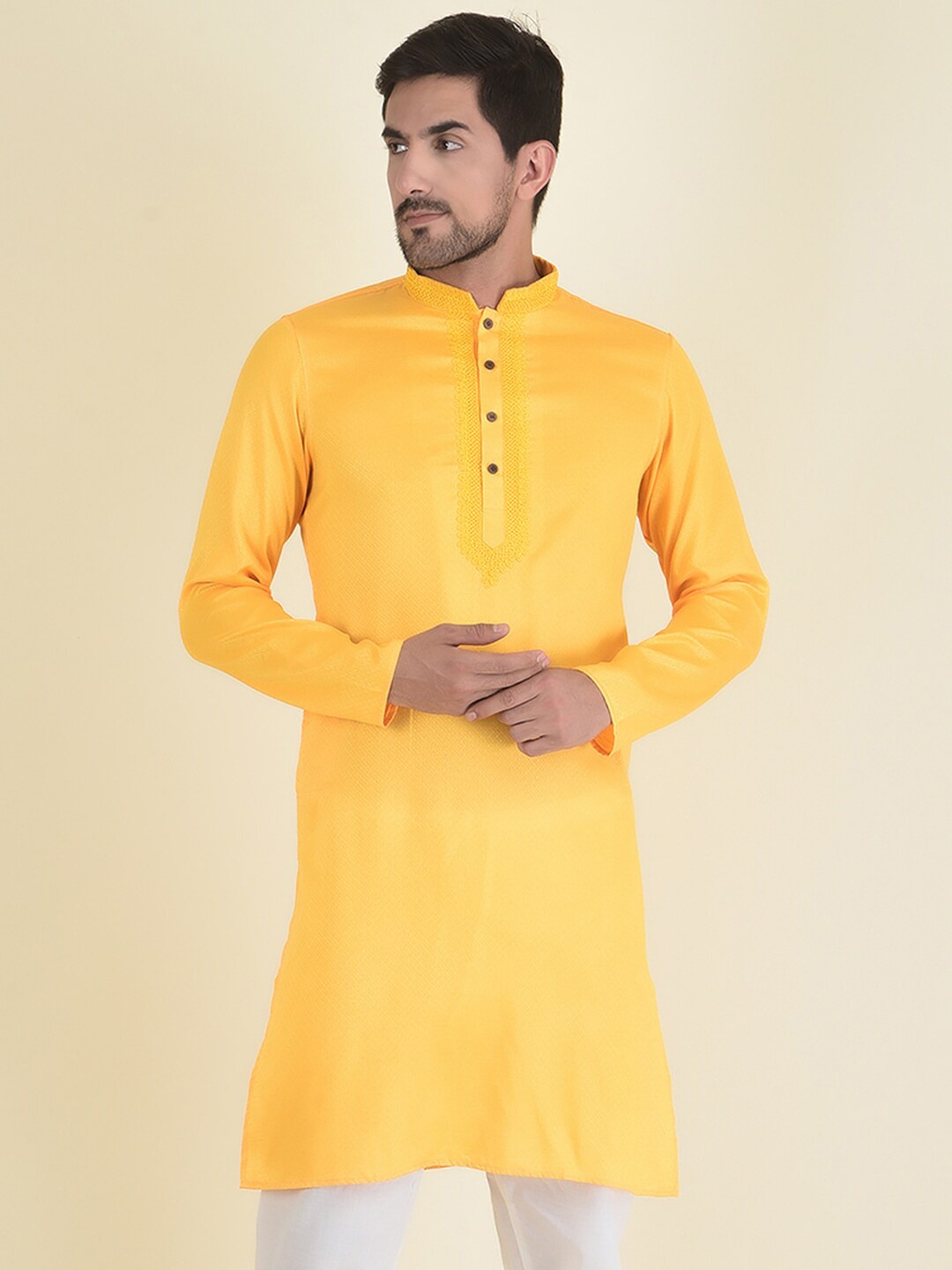 

DEYANN Men Yellow Angrakha Kurta With Pyjamas