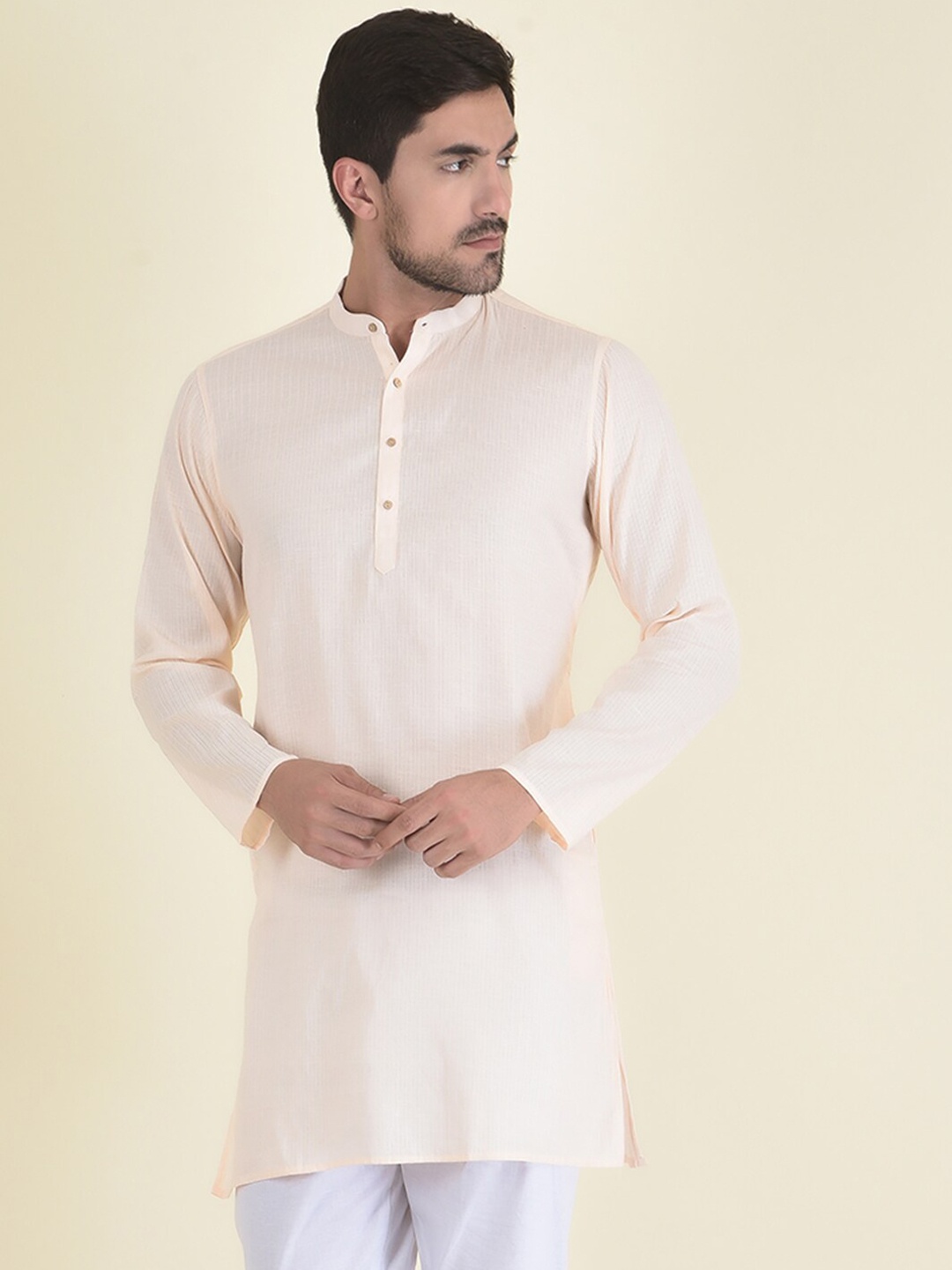 

DEYANN Men Peach-Coloured Striped Kurta with Pyjamas