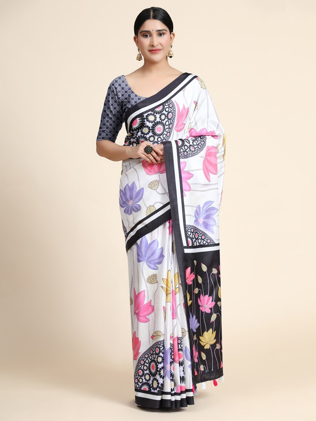 

OFFIRA TEX WORLD White & Pink Floral Linen Blend Chanderi Saree