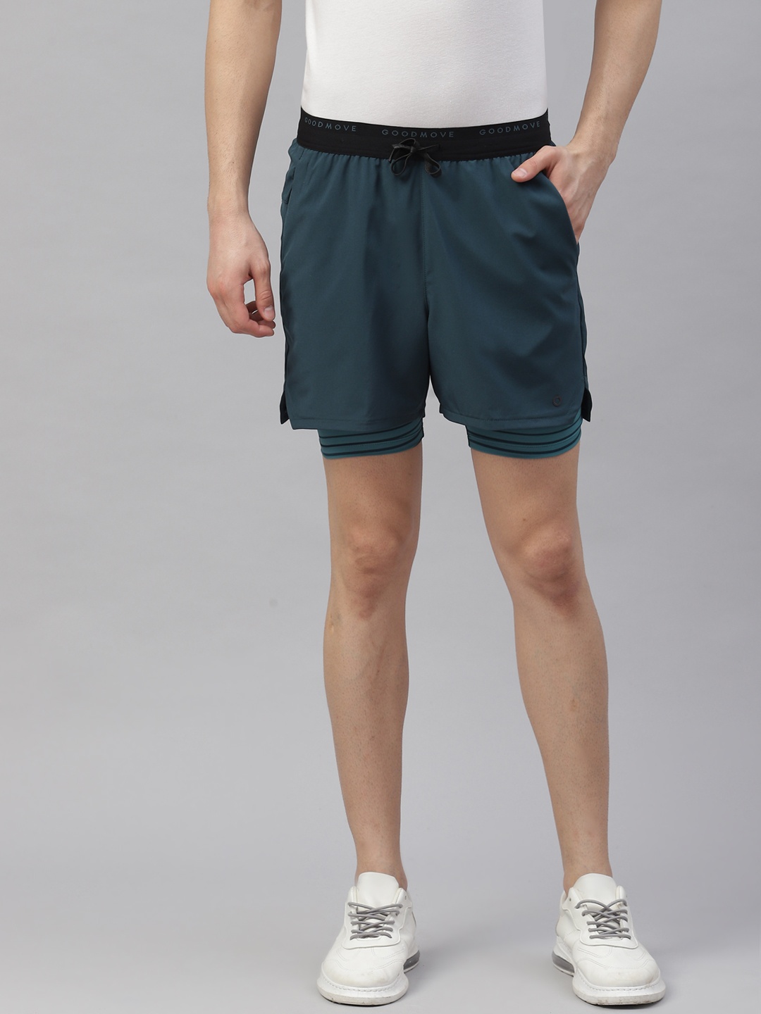 

Marks & Spencer Men Teal Green Solid Layered Sports Shorts