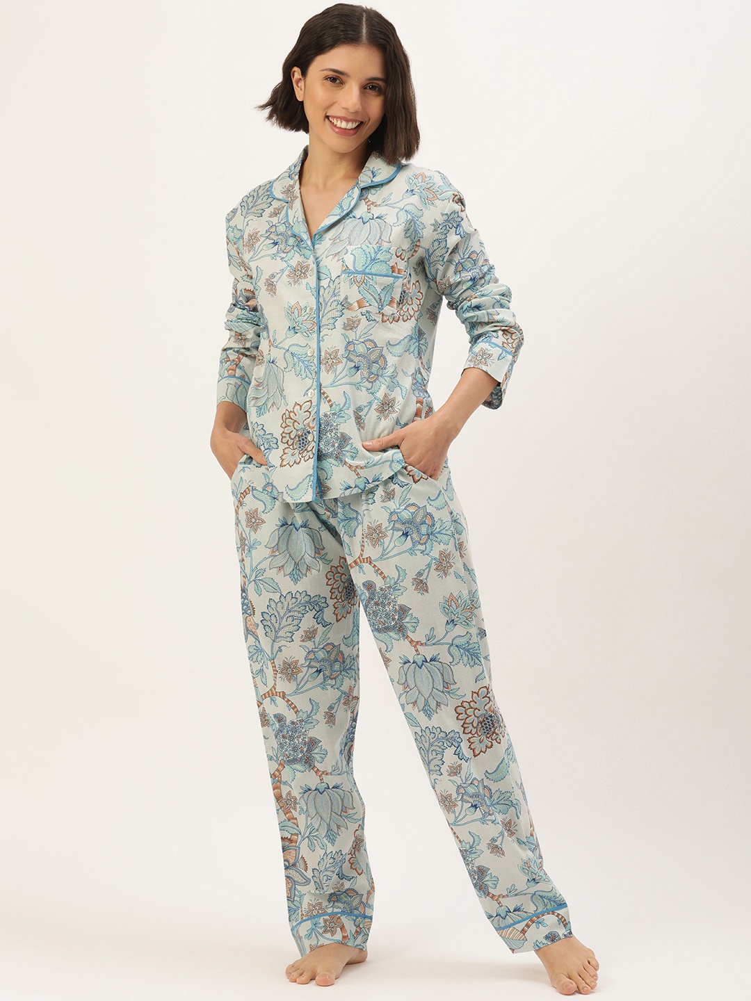 

SANSKRUTIHOMES Women Grey & Blue Printed Cotton Night suit