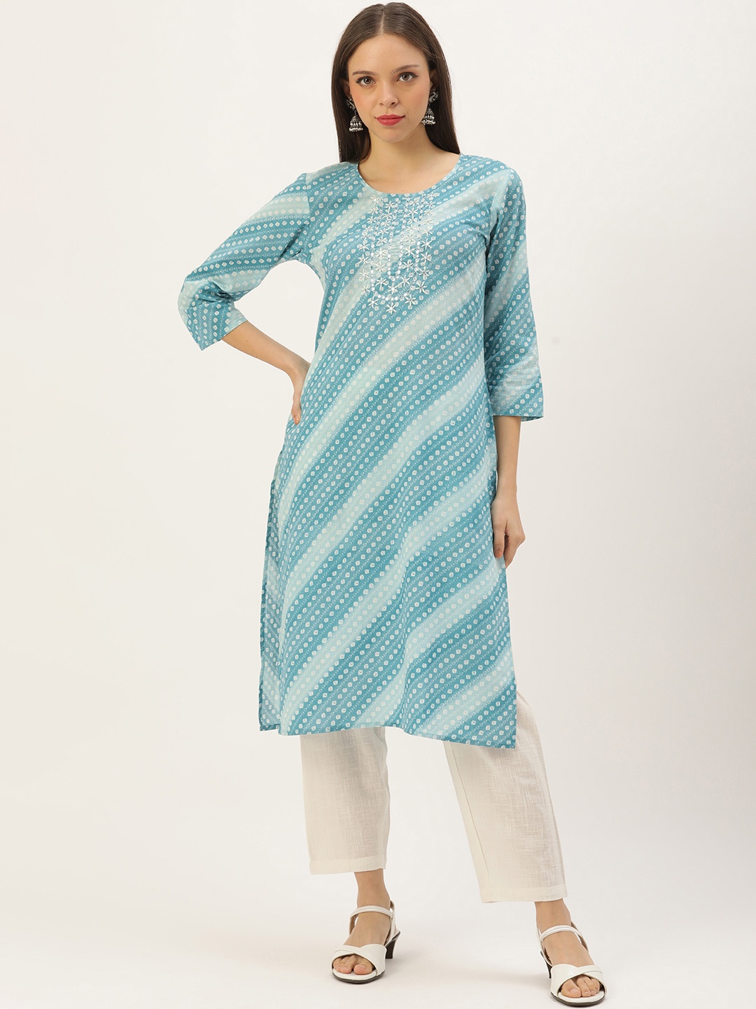 

RangDeep Women Sea Green Bandhani Printed Mirror Work Kurta