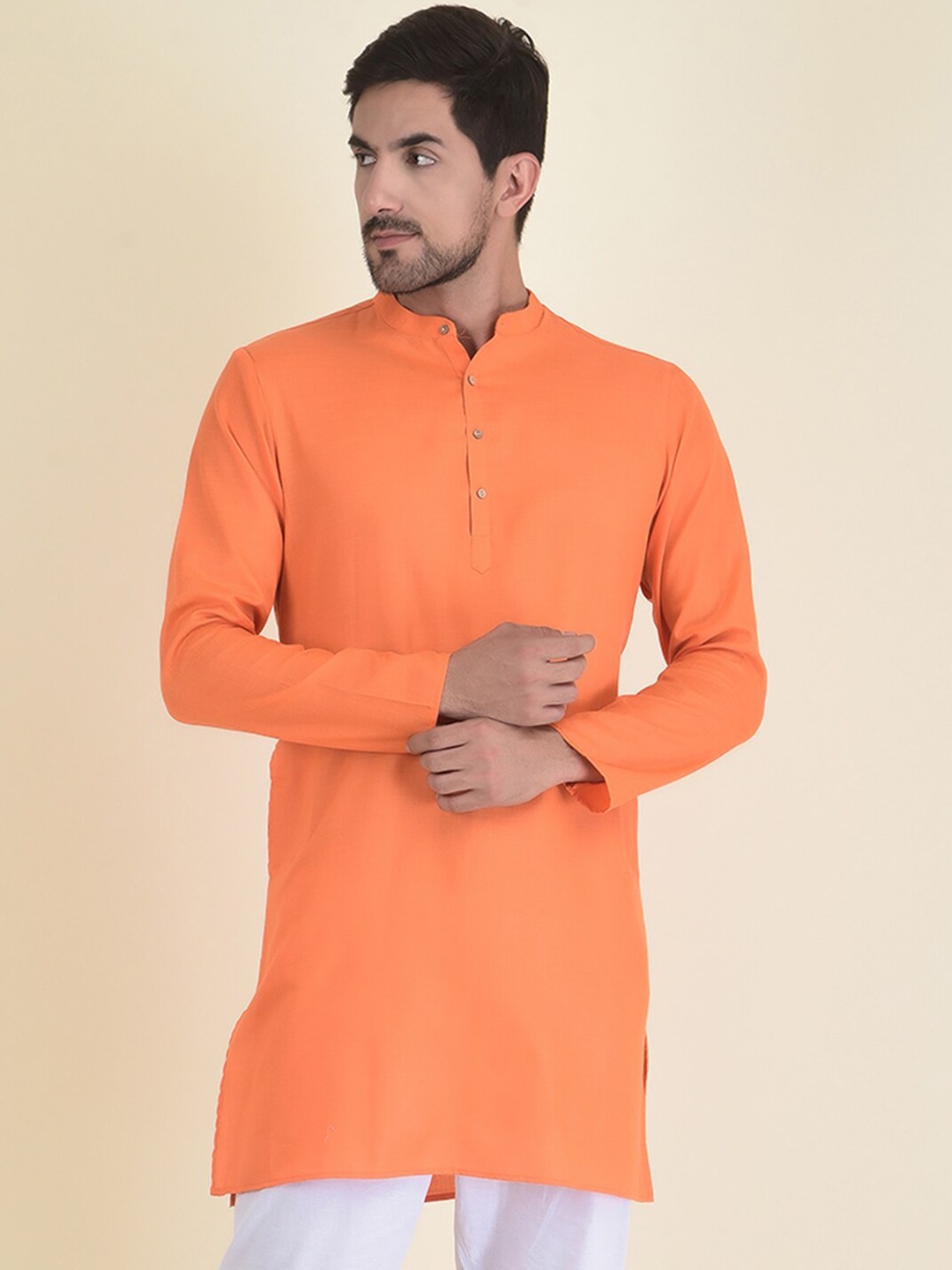 

DEYANN Men Orange Striped Pure Cotton Kurta with Pyjamas