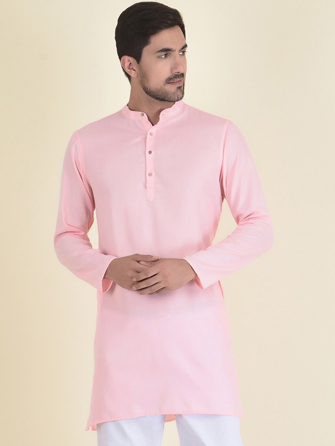 

DEYANN Men Pink Pure Cotton Mandarin Collar Kurta with Pyjamas