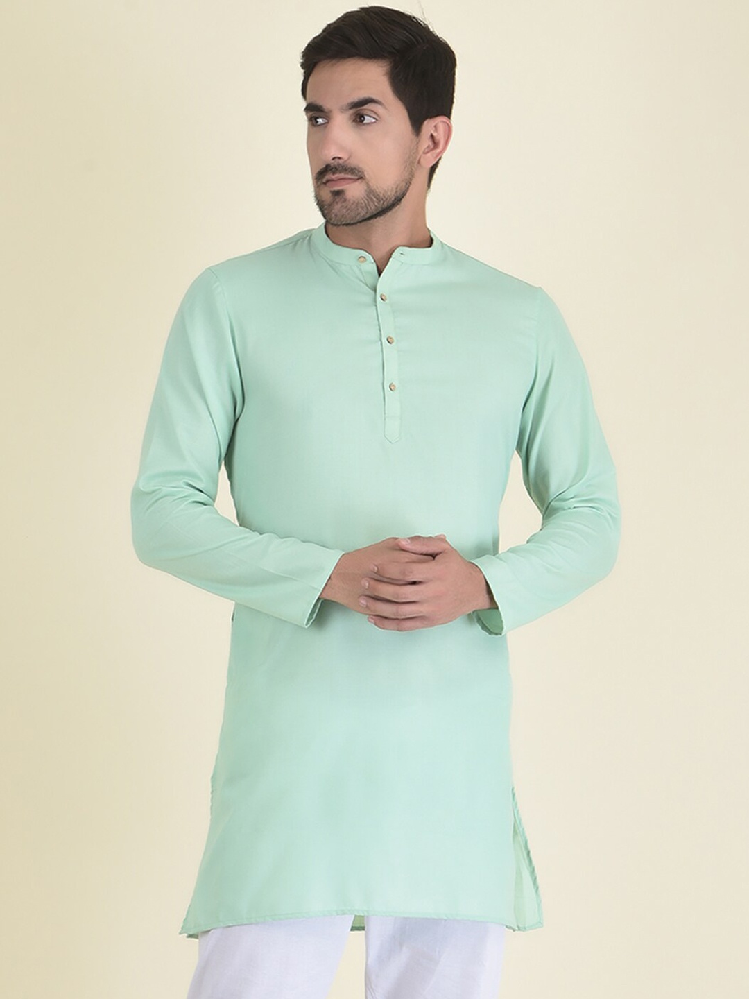 

DEYANN Men Green Pure Cotton Mandarin Collar Kurta with Pyjama