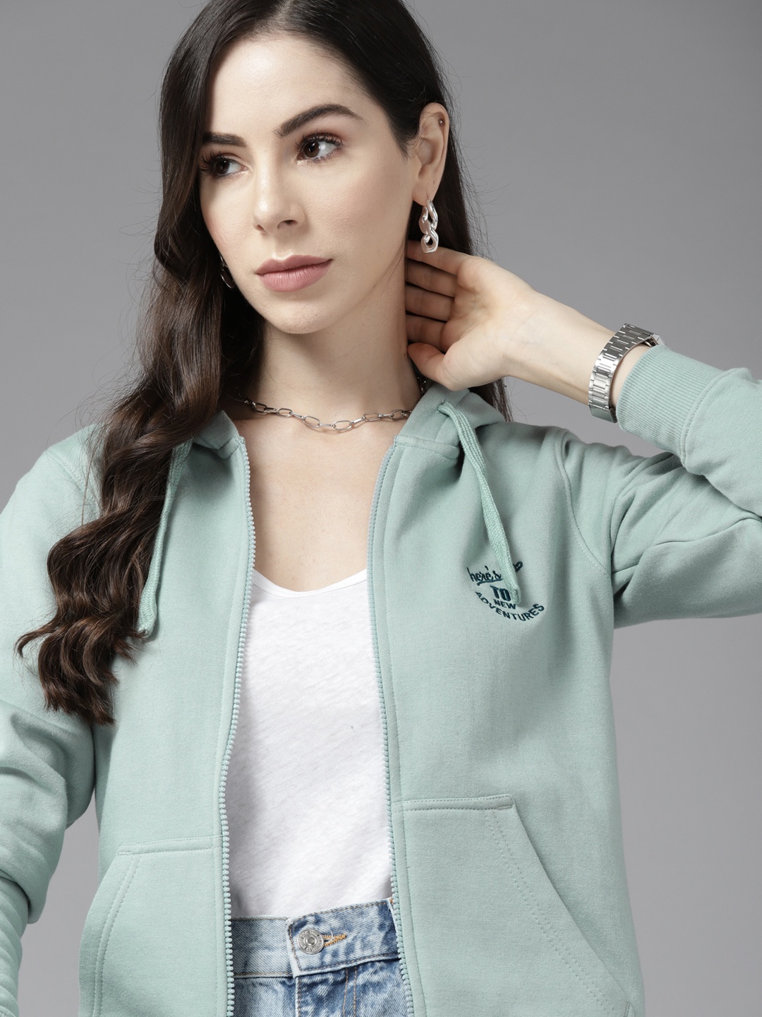 

Roadster Women Sea Green Hooded Sweatshirt