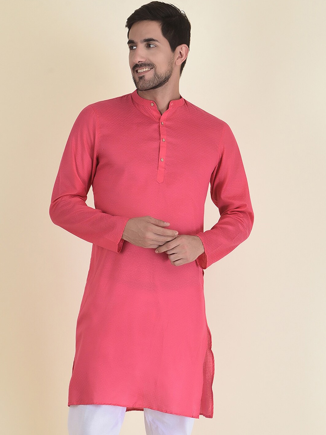 

DEYANN Men Pink Solid Mandarin collar Jacquard Kurta