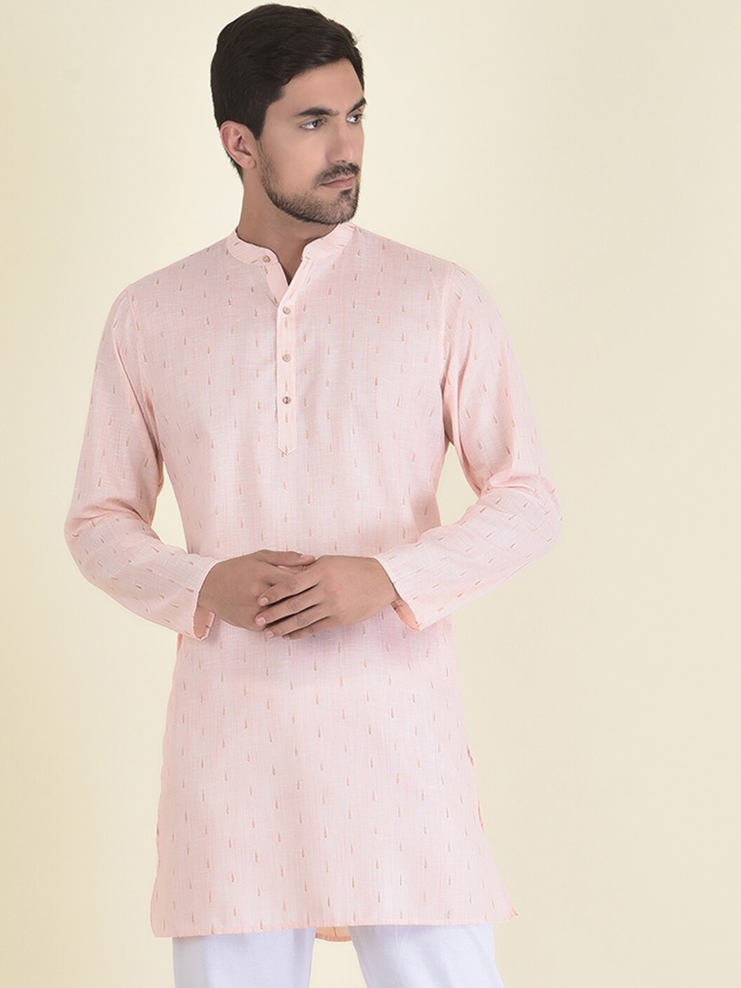 

DEYANN Men Orange Solid Woven design Jacquard Kurta