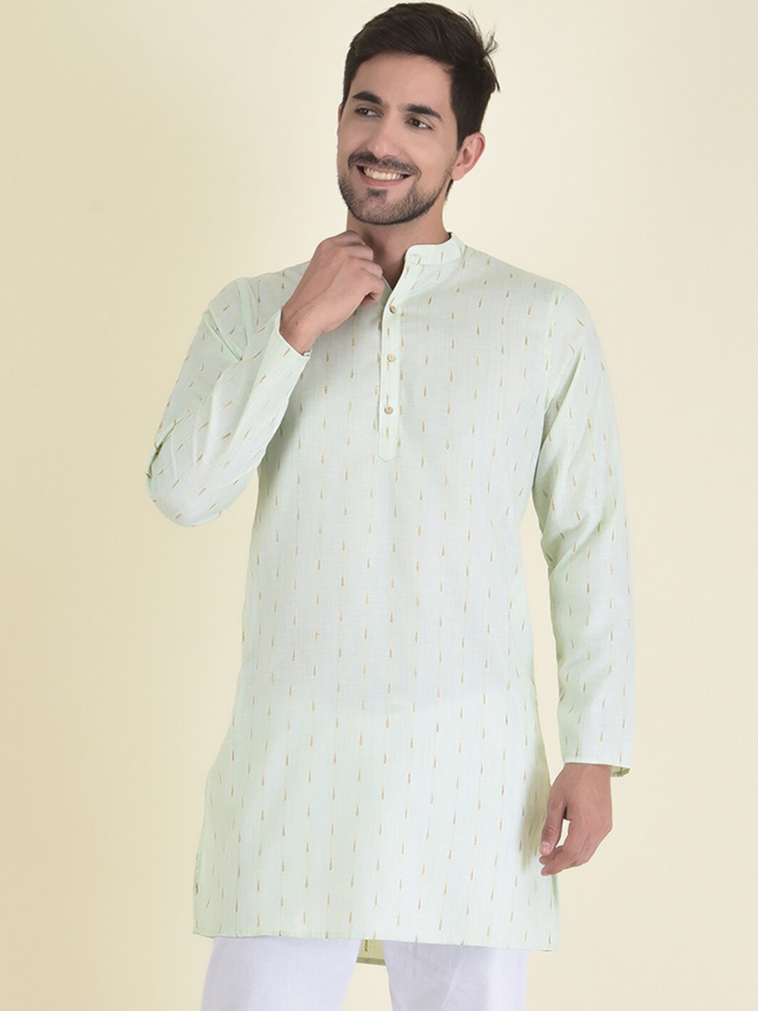 

DEYANN Men Green Geometric Printed Jacquard Kurta