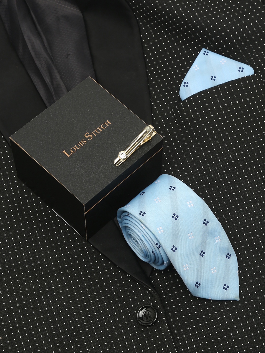 

LOUIS STITCH Men Light Printed Blue Italian Silk Necktie Accessory Gift Set