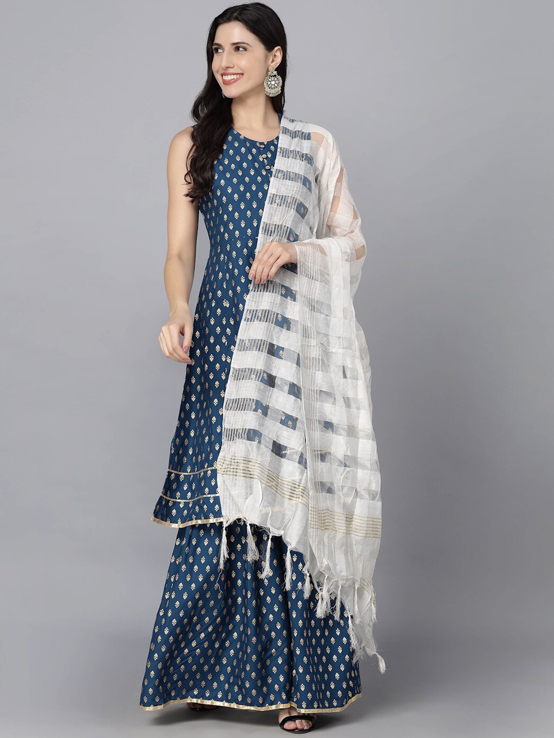 

DAAMINA Women Blue Ethnic Motifs Printed Kurta with Sharara & With Dupatta