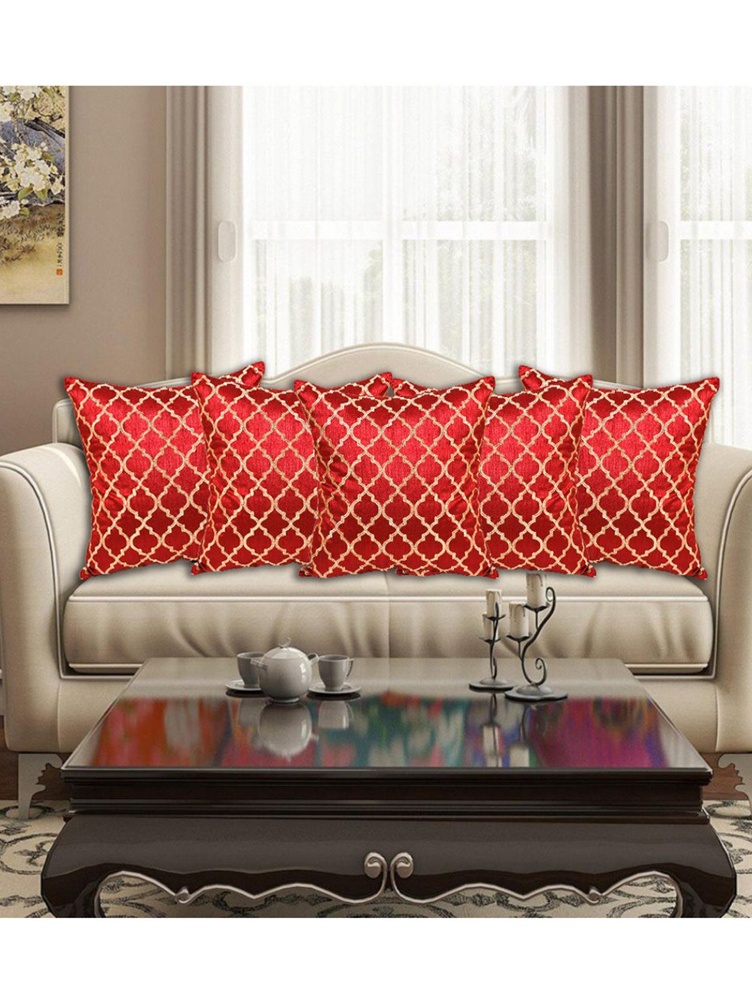 

INDHOME LIFE Red Set of 5 Embroidered Square Cushion Covers