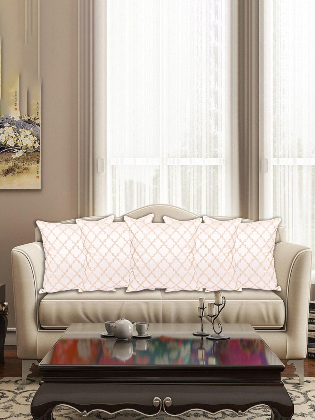 

INDHOME LIFE White & Pink Set of 5 Embroidered Square Cushion Covers