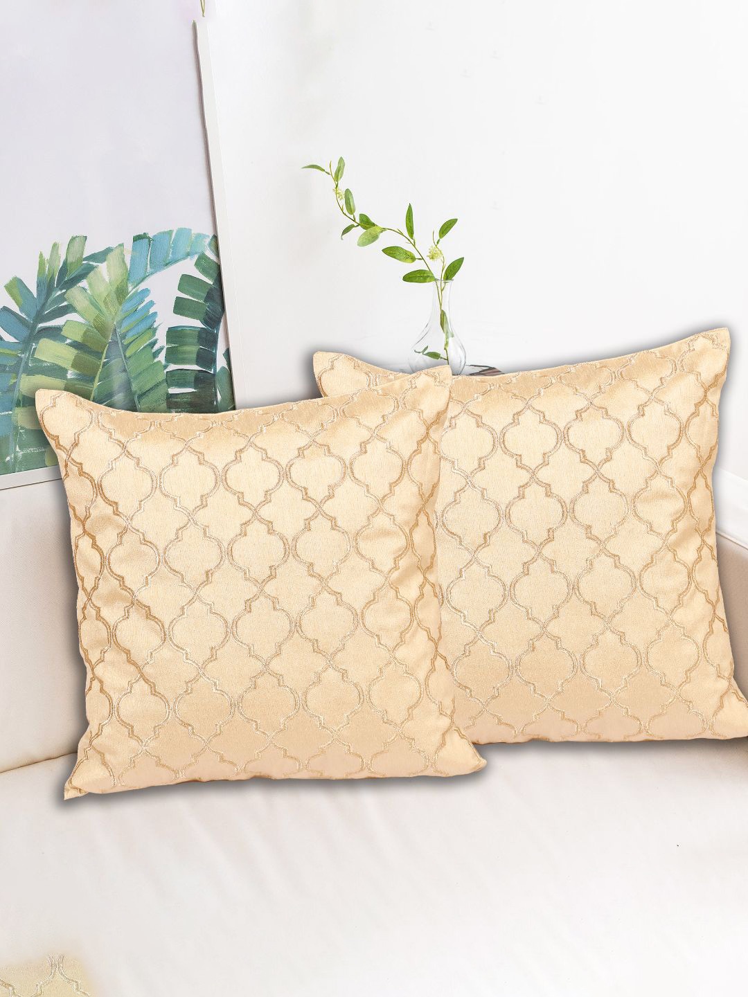 

INDHOME LIFE Gold-Toned Set of 2 Embroidered Square Cushion Covers