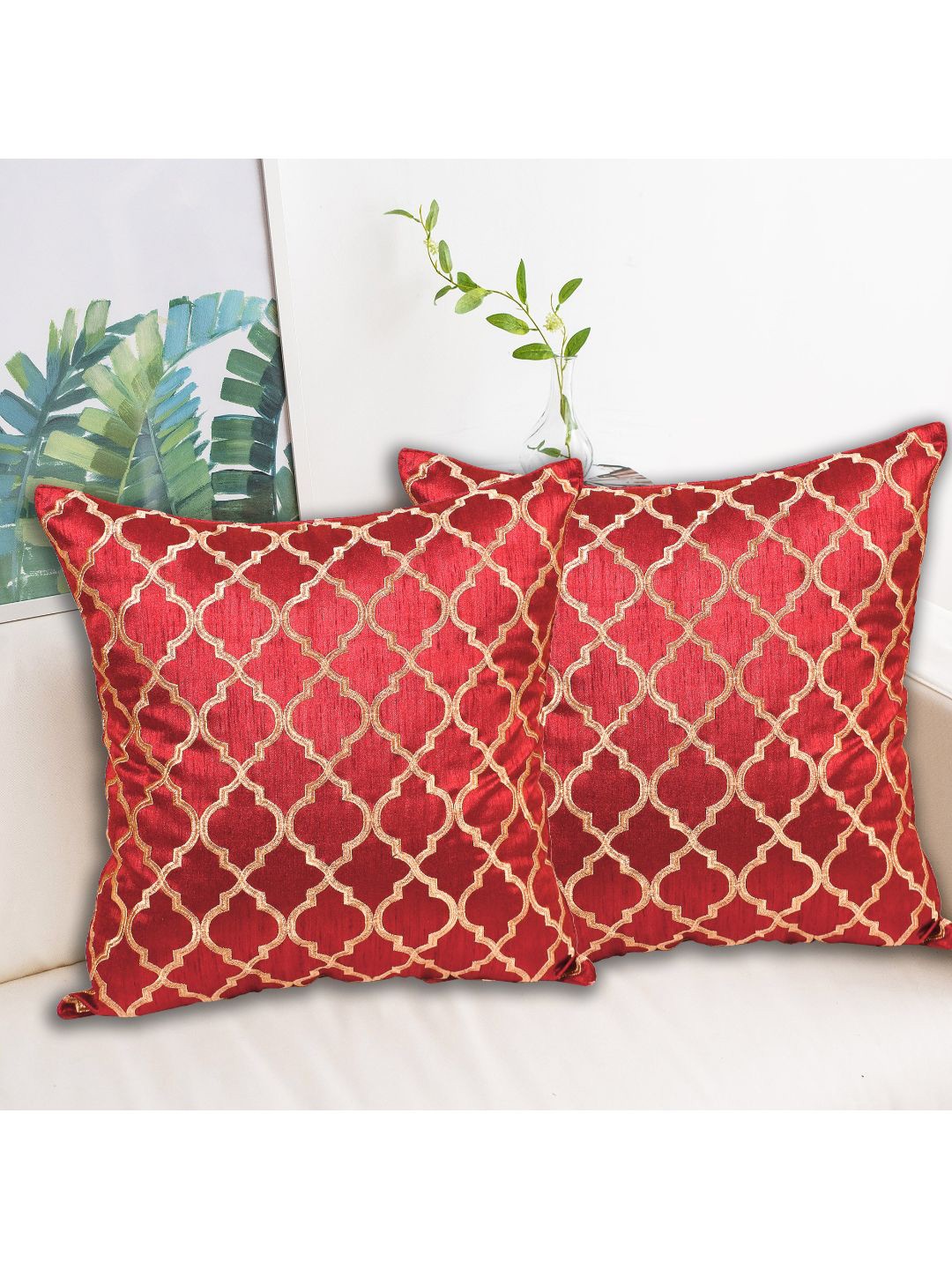 

INDHOME LIFE Red & Beige Set of 2 Embroidered Square Cushion Covers