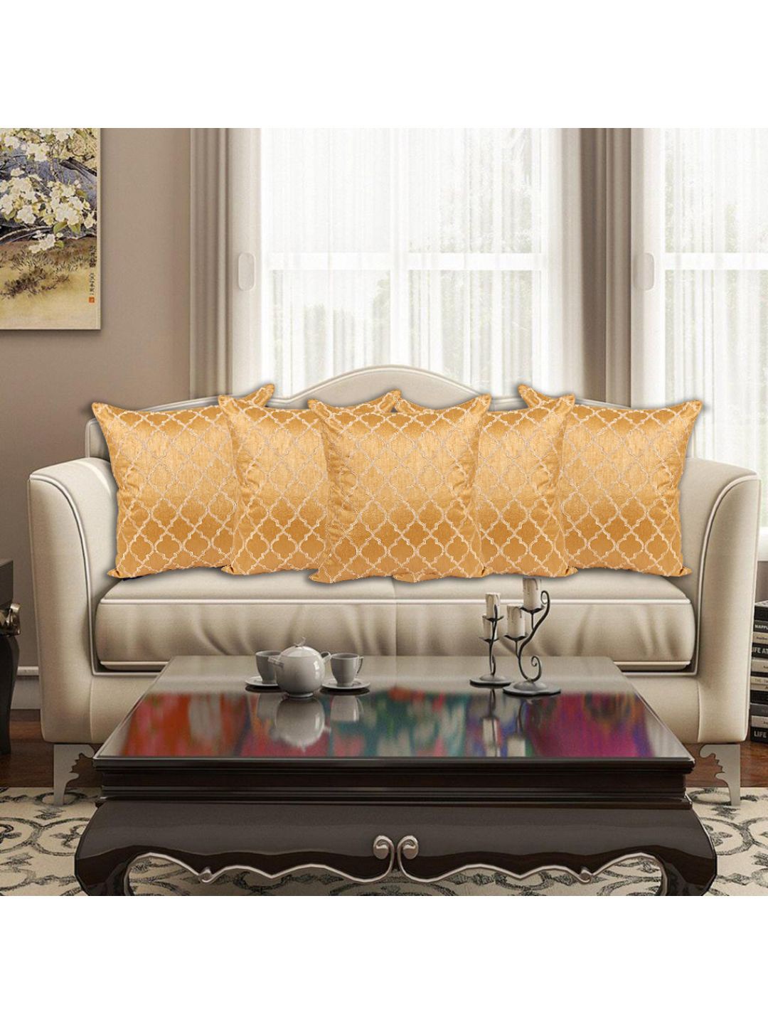 

INDHOME LIFE Gold-Toned Set of 5 Embroidered Square Cushion Covers