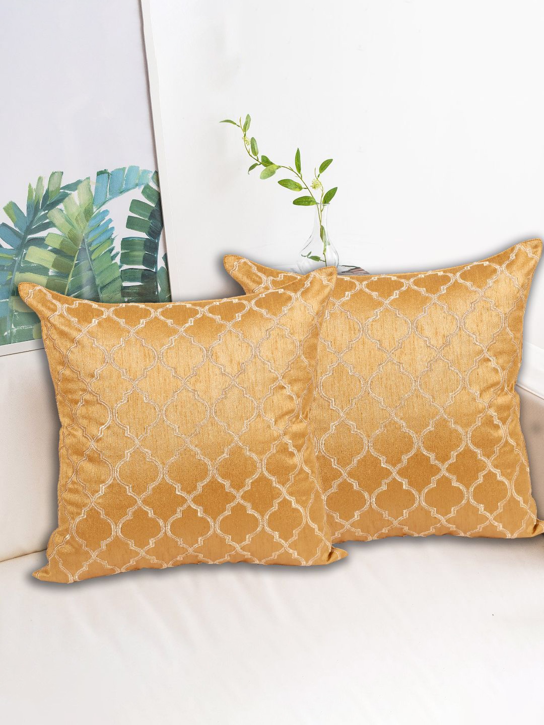 

INDHOME LIFE Gold-Toned Set of 2 Embroidered Square Cushion Covers