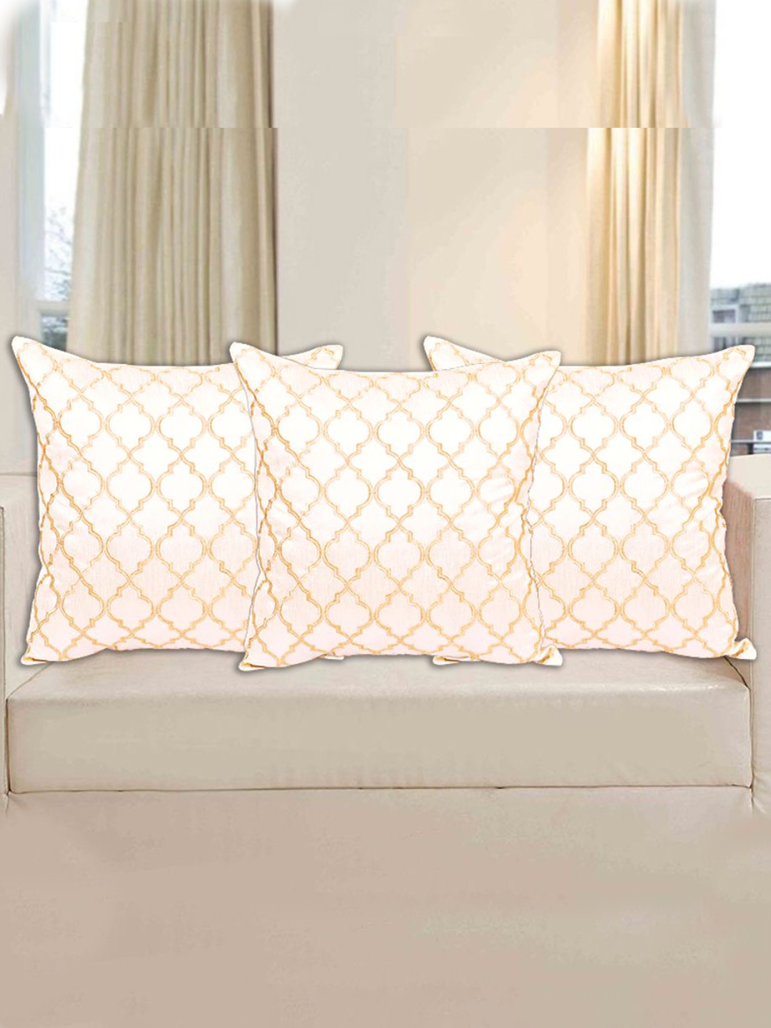 

INDHOME LIFE Peach-Coloured & Gold-Toned Set of 3 Embroidered Square Cushion Covers