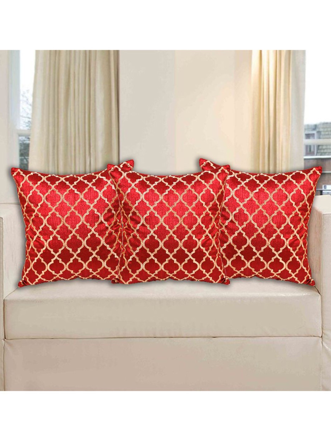 

INDHOME LIFE Maroon & Gold-Toned Set of 3 Embroidered Square Cushion Covers