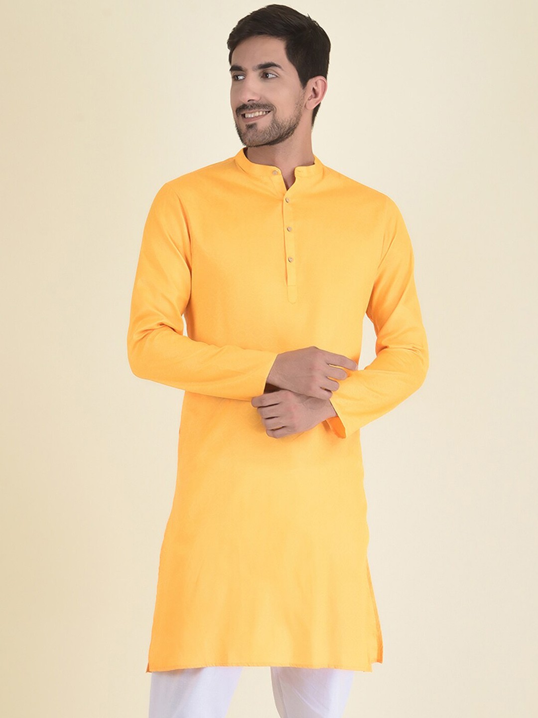 

DEYANN Men Yellow Mandarin Collar Jacquard Kurta
