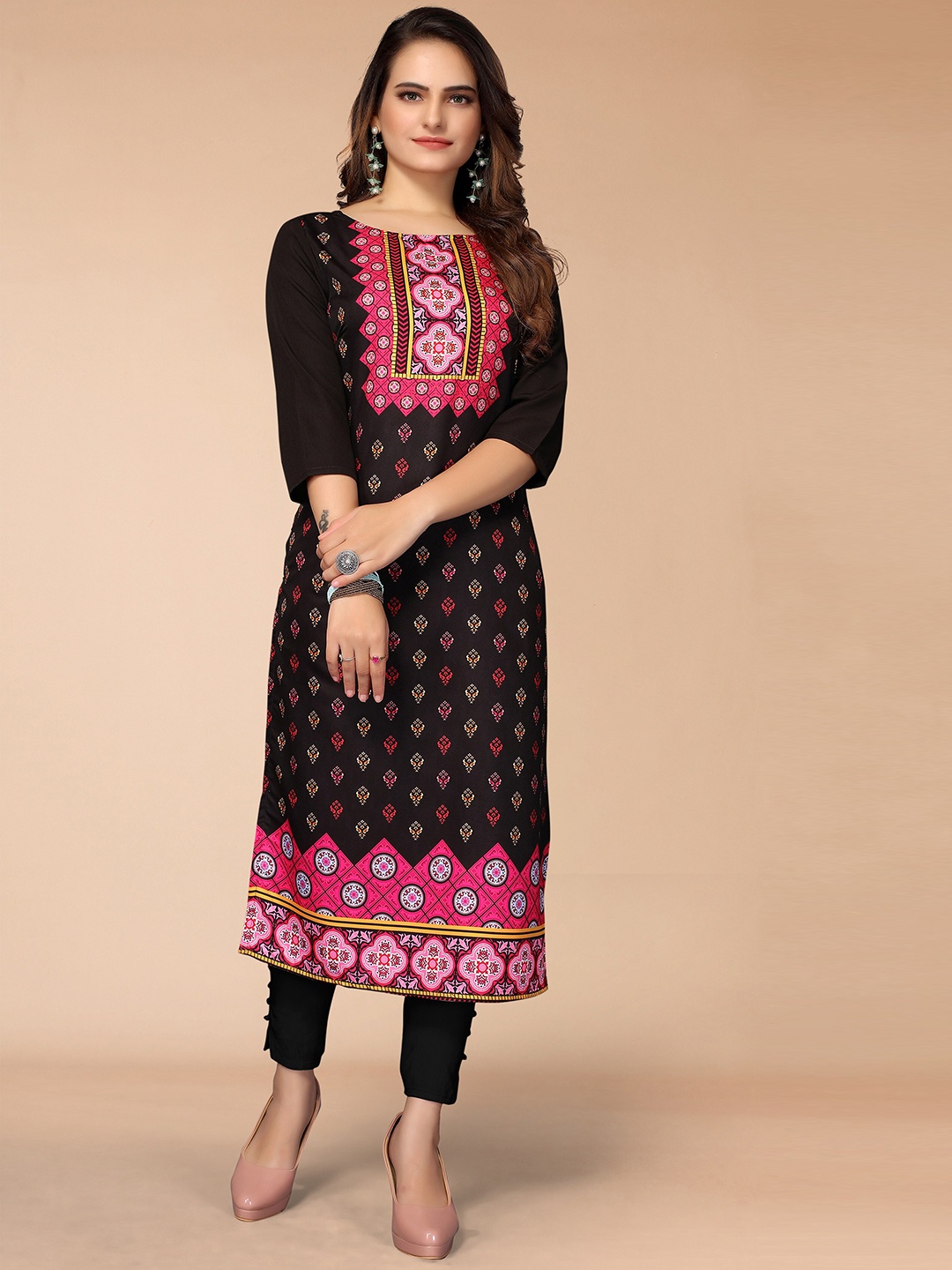 

KALINI Women Black Ethnic Motifs Printed Thread Work Indie Prints Crepe Kurta