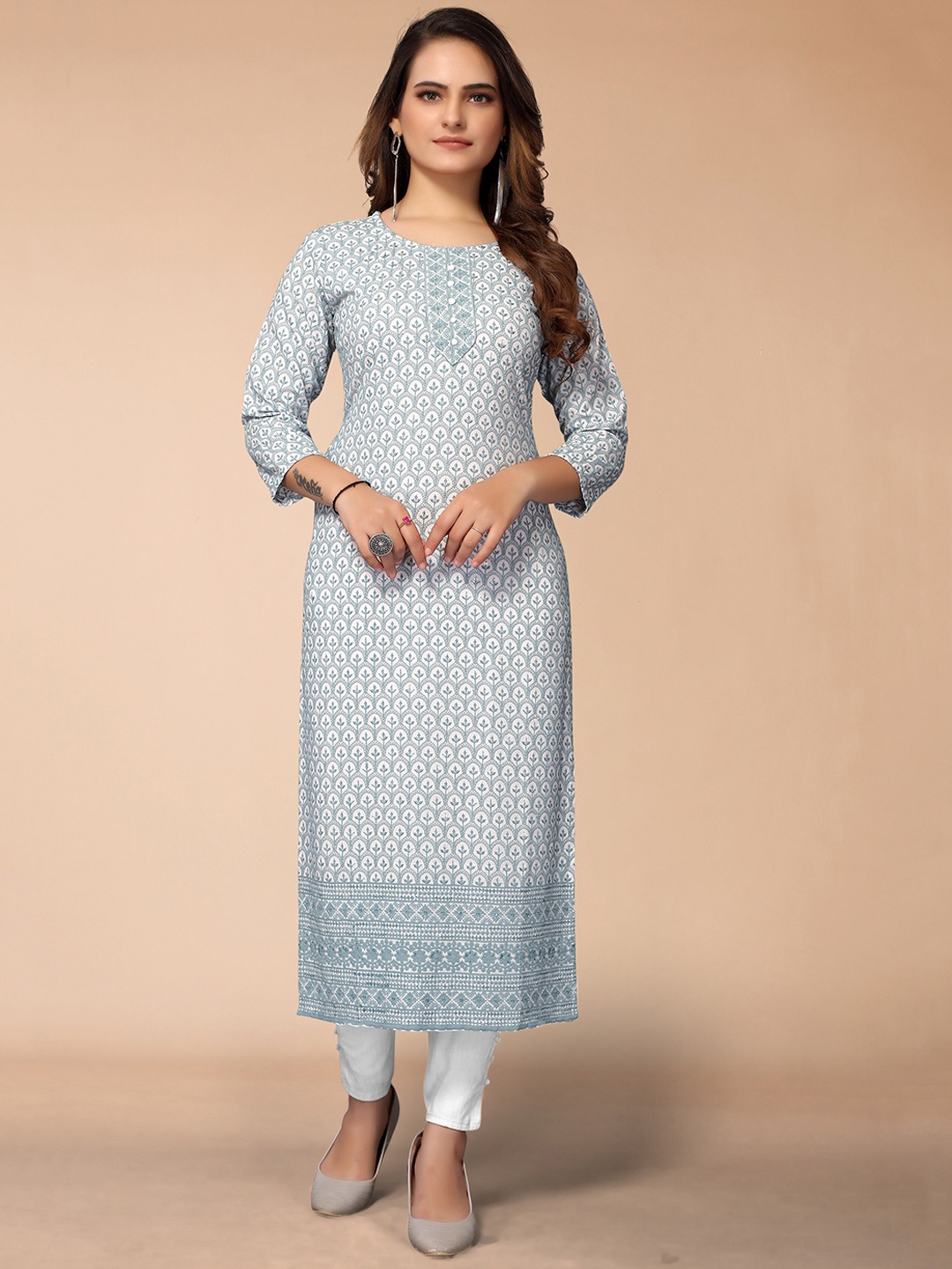 

KALINI Women Blue Ethnic Motifs Cold-Shoulder Sleeves Gotta Patti Quirky Kurta