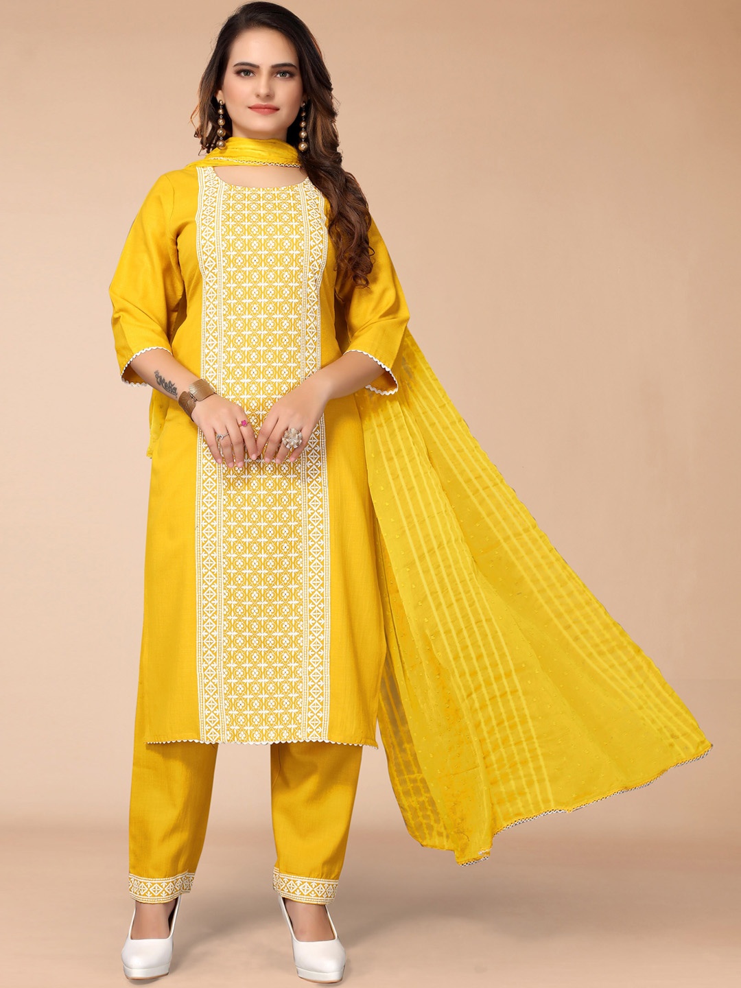 

KALINI Women Mustard Yellow Panelled Chikankari Kurta with Trousers & Dupatta