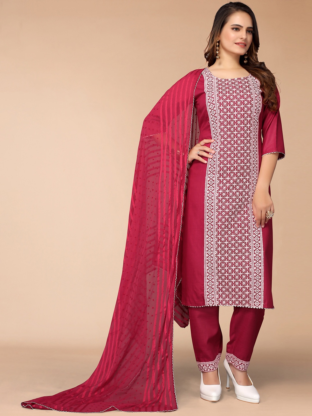 

KALINI Women Maroon Panelled Chikankari Kurta with Trousers & Dupatta