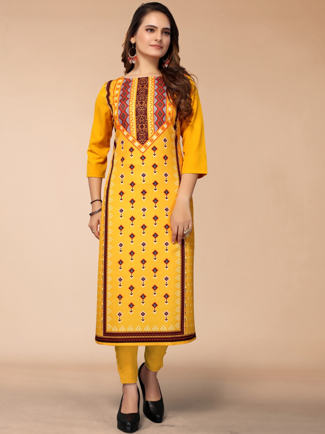 

KALINI Women Mustard Yellow Geometric Printed Crepe Kurta