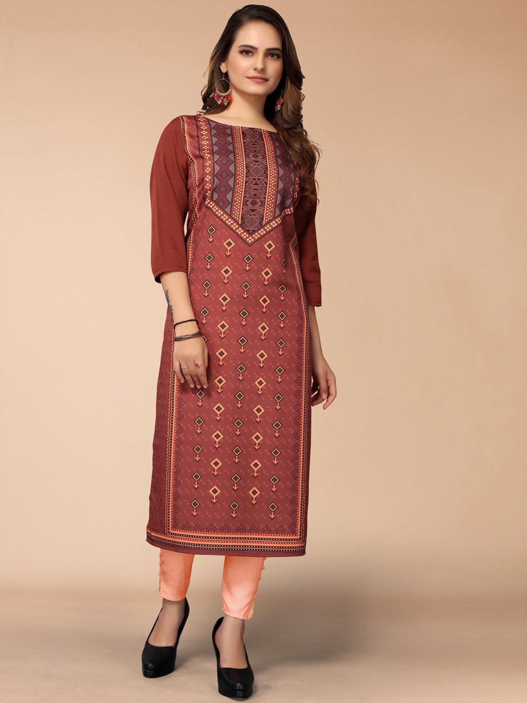 

KALINI Women Coffee Brown Geometric Printed Crepe Kurta