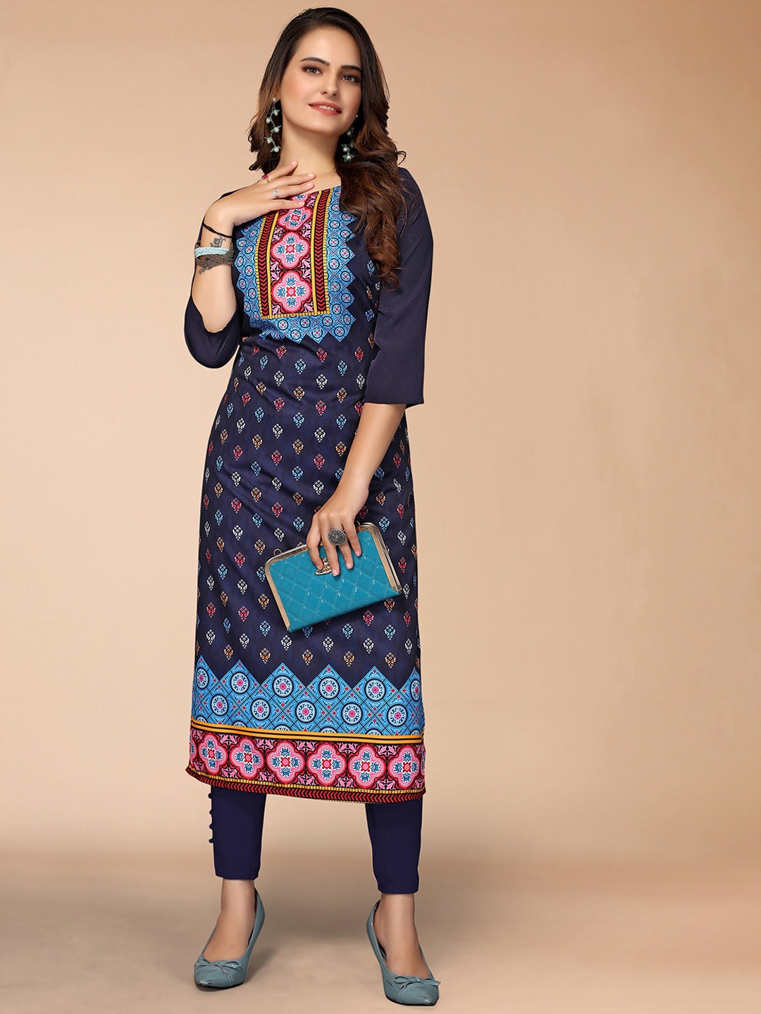 

KALINI Women Navy Blue Ethnic Motifs Printed Crepe Kurta