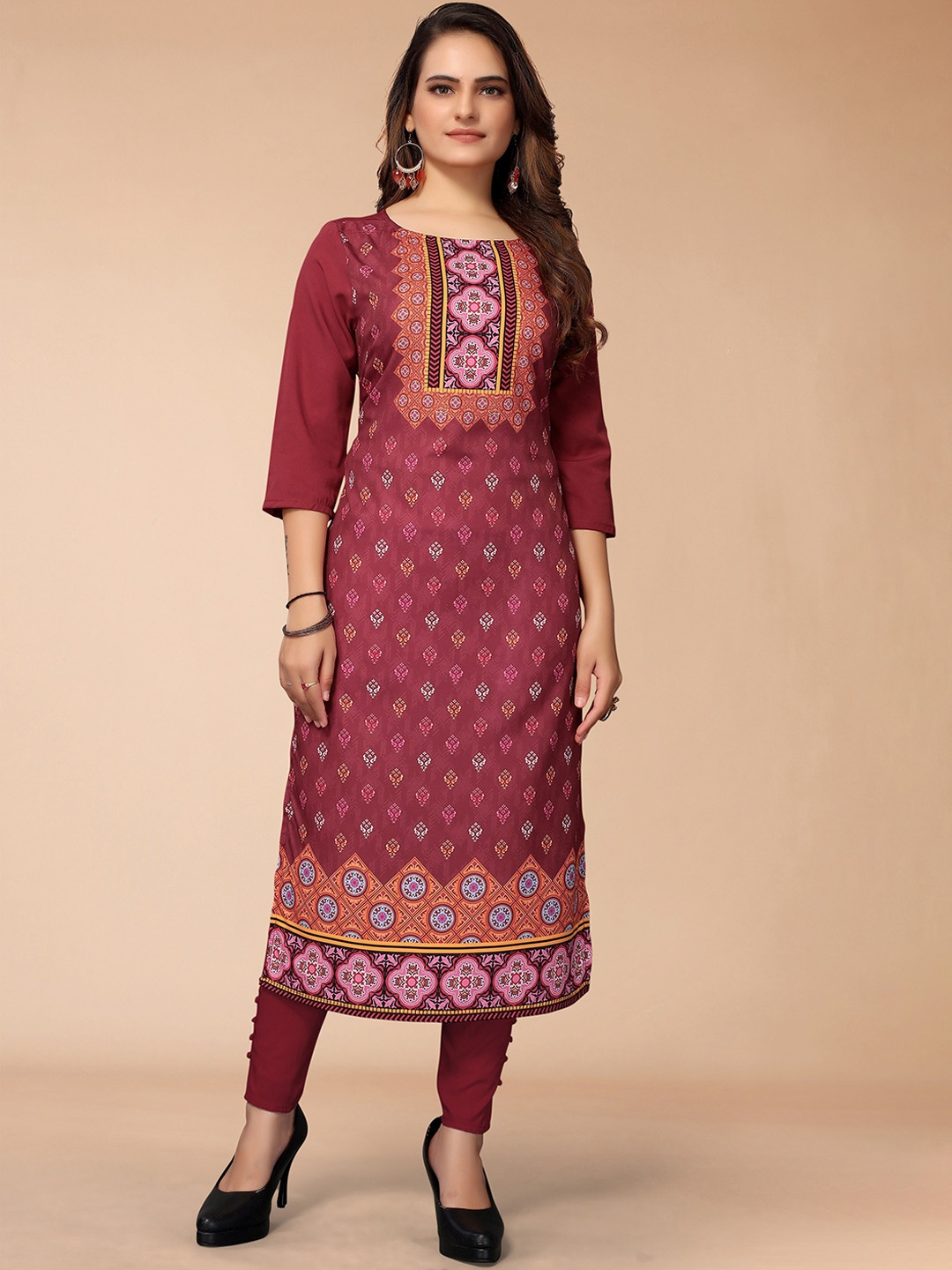 

KALINI Women Maroon Ethnic Motifs Printed Crepe Kurta