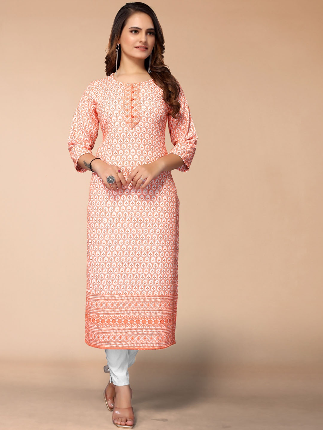 

KALINI Women Orange & White Geometric Embroidered Thread Work Kurta