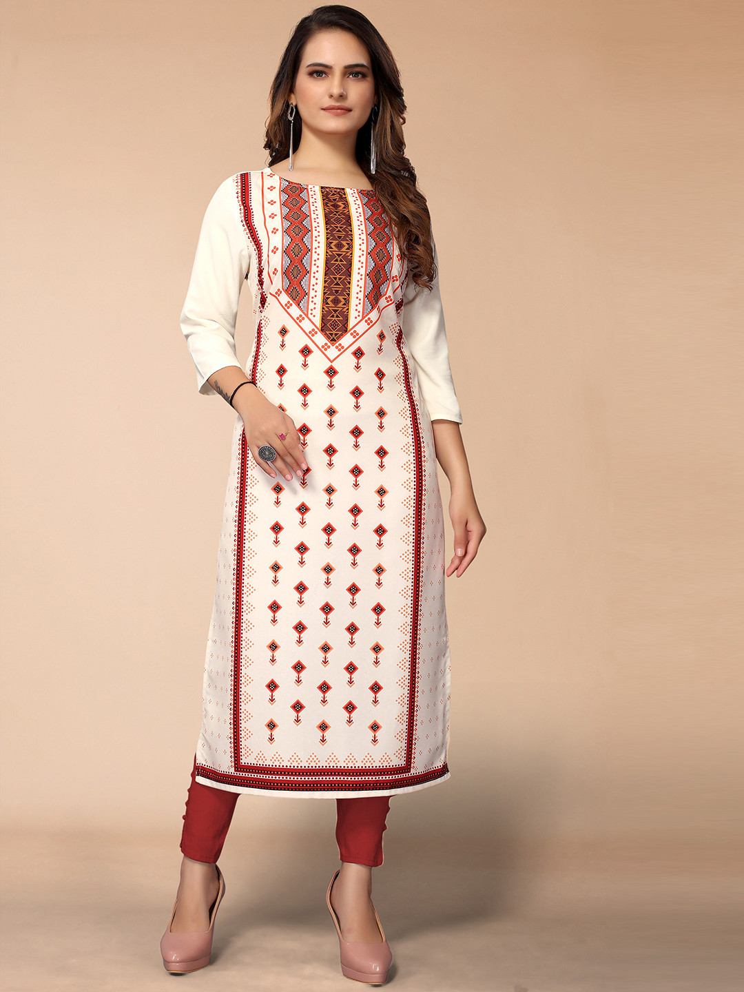 

KALINI Women Cream-Coloured & Red Geometric Printed Crepe Kurta