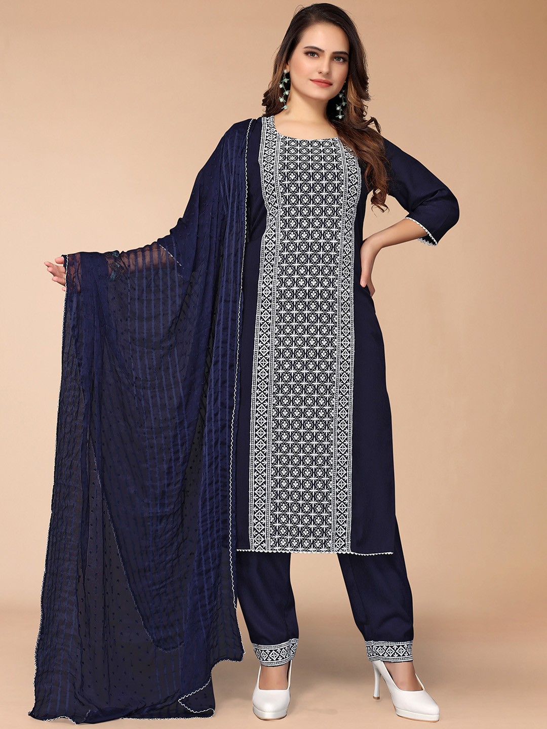 

KALINI Women Navy Blue Ethnic Motifs Embroidered Kurta with Trousers & With Dupatta